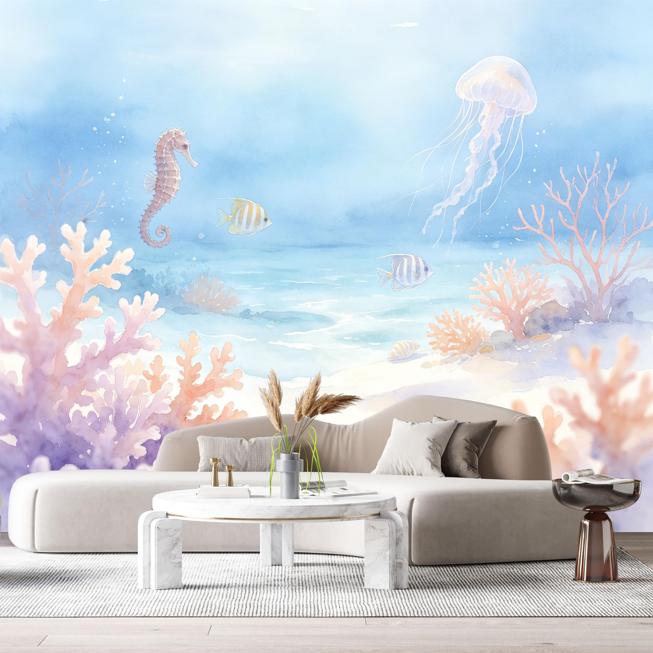 Custom Size Wall Murals Ocean Marine Watercolor Seahorse Jellyfish Coral Reef SelfAdhesiveWall Fabric Removable Wallpaper Wall Decor for Living Room Bedroom Bathroom
