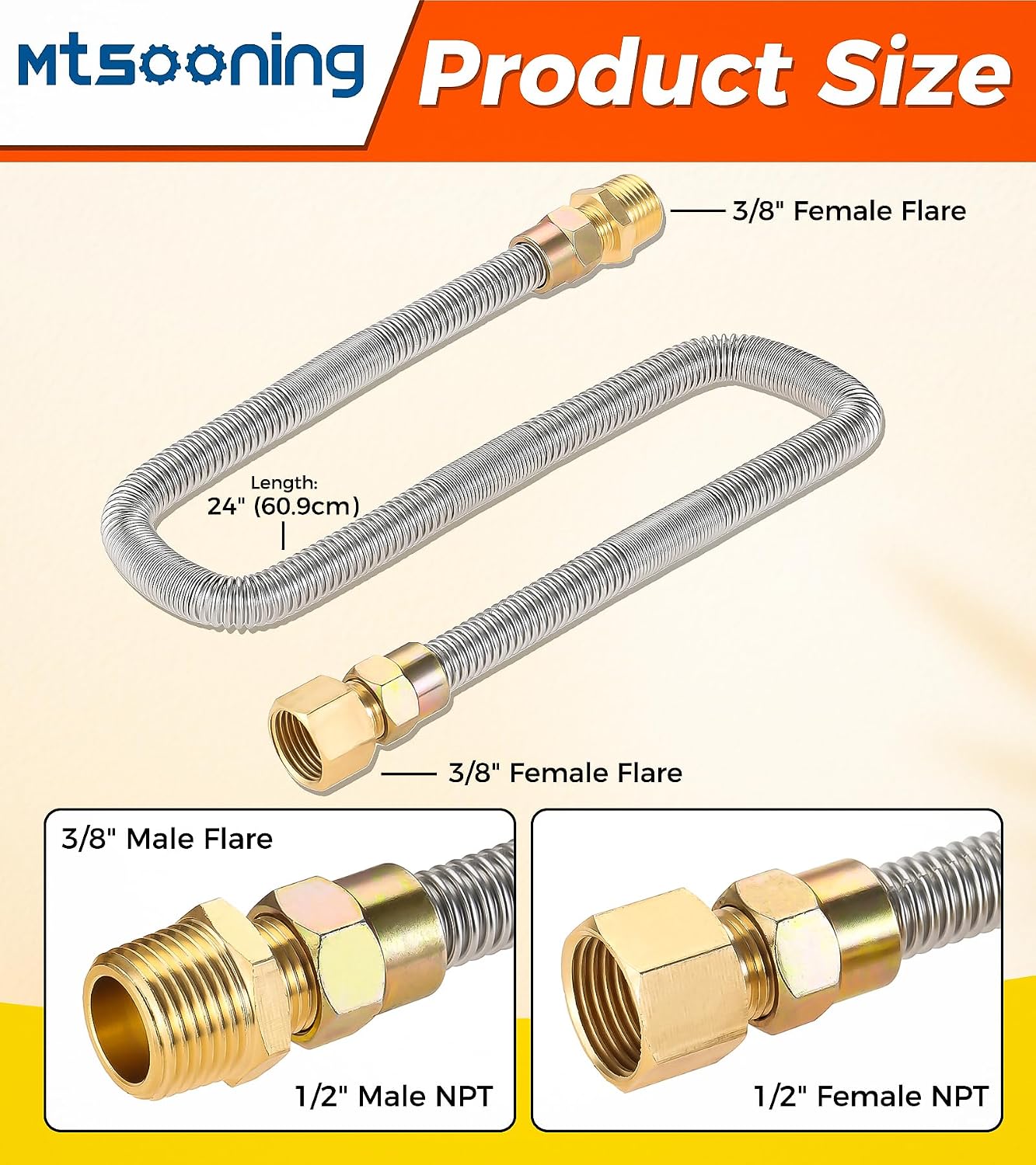1/2-Inch Straight Quarter-Turn Shut-Off Valve Kit,24" Non-Whistle Flexible Flex Gas Line,3-inch Key and 3/8" Male Flare x 1/2" Male NPT Fitting(3PCS),Fits for NG LP Gas Fire Pits and Fireplace Hose