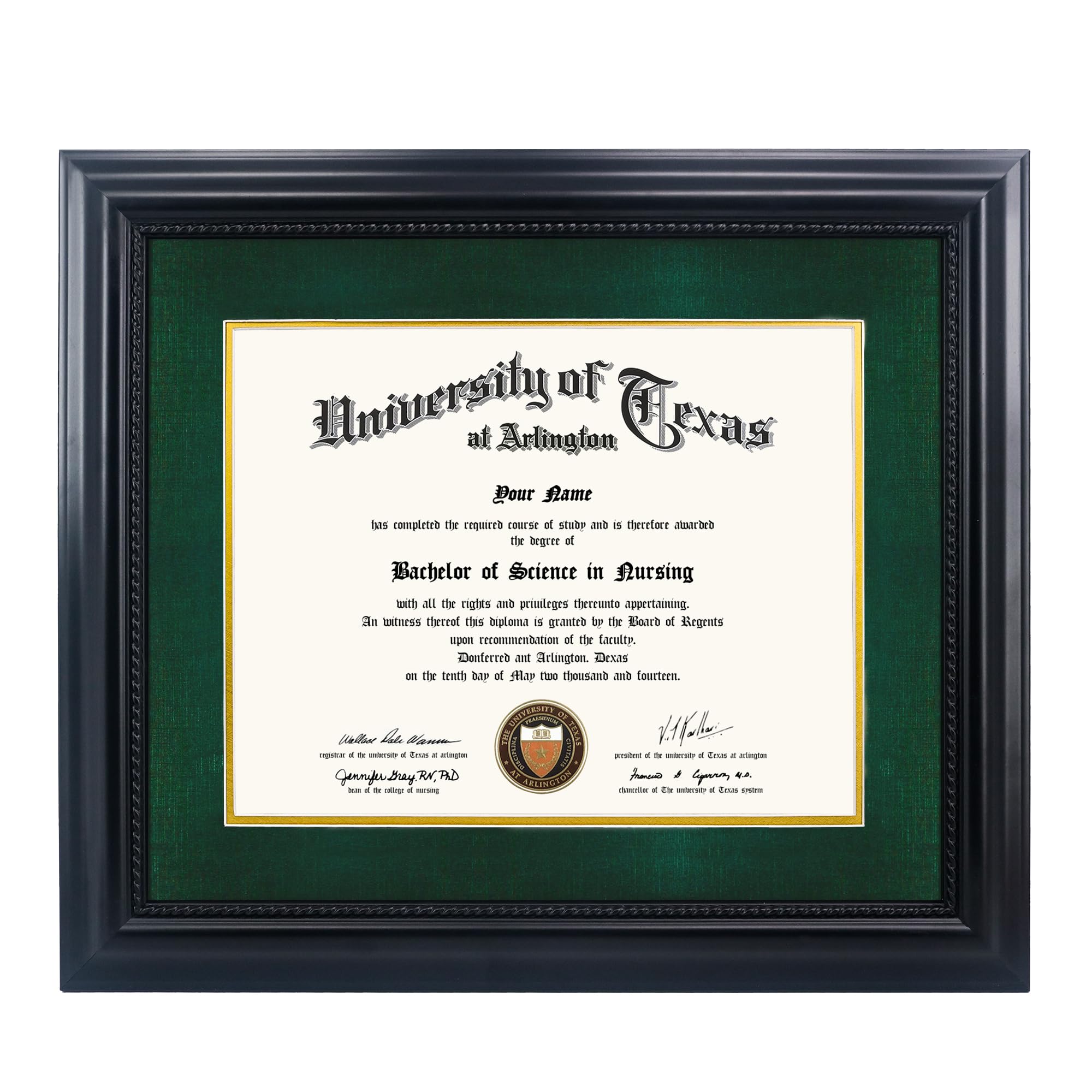 11x14 Diploma Degree Frame with Green Mat or Display 15x18 Certificates without Mat,Solid Wood,Black Finish with Intricate Black Rope Detail,UV Protection Acrylic