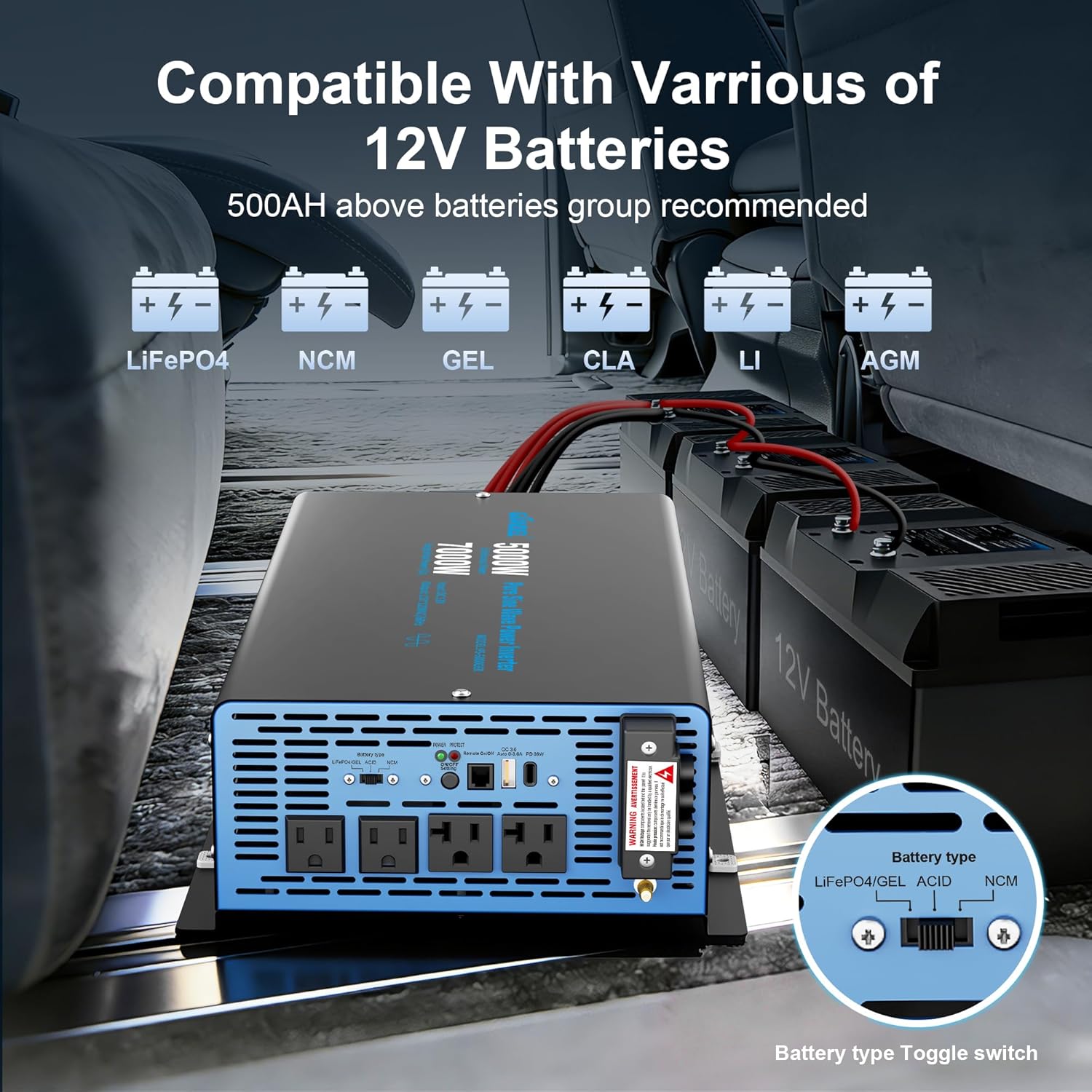 GIANDEL 5000W Pure Sine Wave Power Inverter 12V to 120V AC,7000W Max,Compatible with All 12V Batteries,Dua Remote,2x20Amps outlets,1x45amps Hardwire Ports,FCC Approved for RV Campers Off-Grid Solar