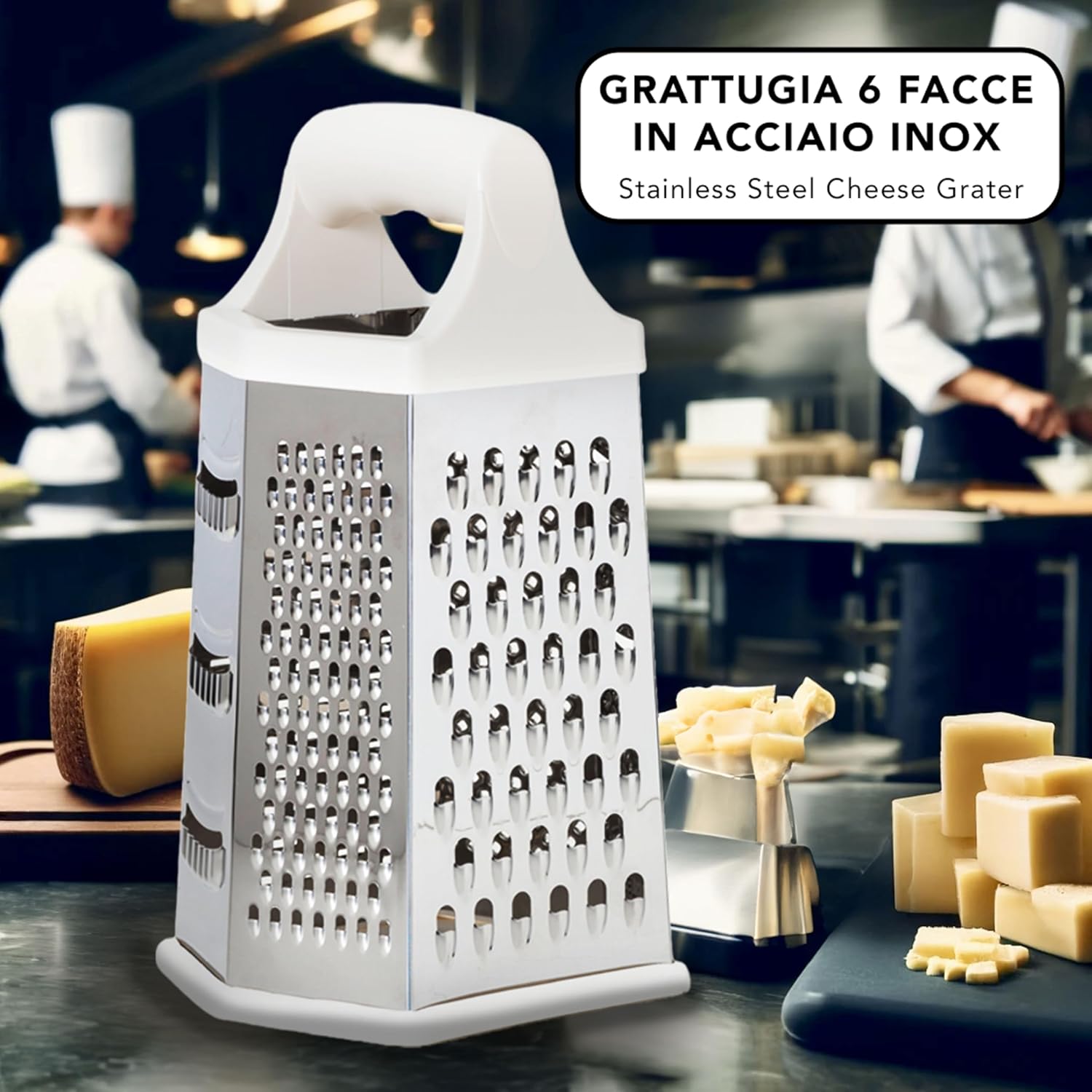 IPEA Stainless Steel 6-Sided Cheese Grater – 23 cm – Vertical Grater Six Blades with Ergonomic Handle for Grating Cheese, Vegetables, Lemon, Fruits Chocolate – Hexagonal Multi-Purpose