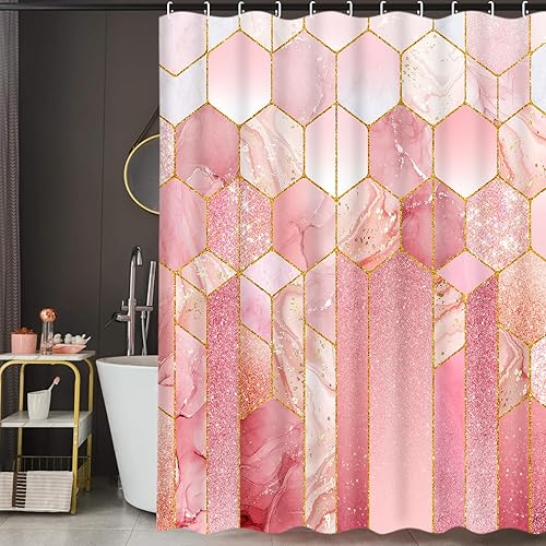 Miniatura 3 de Alishomtll Juego de baño de mármol rosa con cortina de ducha y alfombras, juegos de cortina de ducha abstracta de oro rosa con alfombras, juegos de