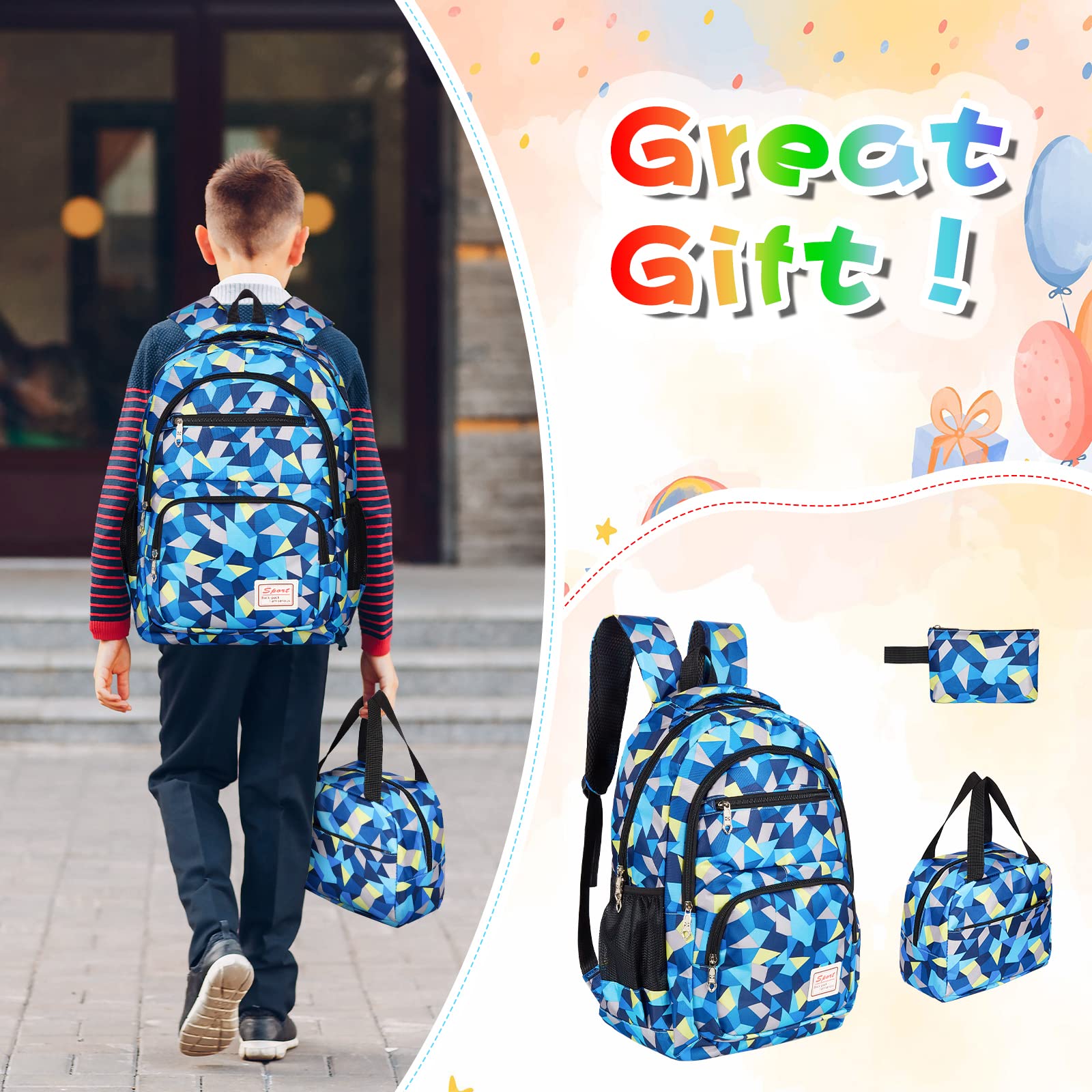Sciphylia Cartable Fille Primaire Garcon Imperméable Sac a Dos Enfant Fille CP CE2 Elementaire 3 en 1 Sac à Dos Poids Léger avec Sacs à Lunch et Trousse pour CE1 CM1 CM2 D'école Étudiants, Bleu
