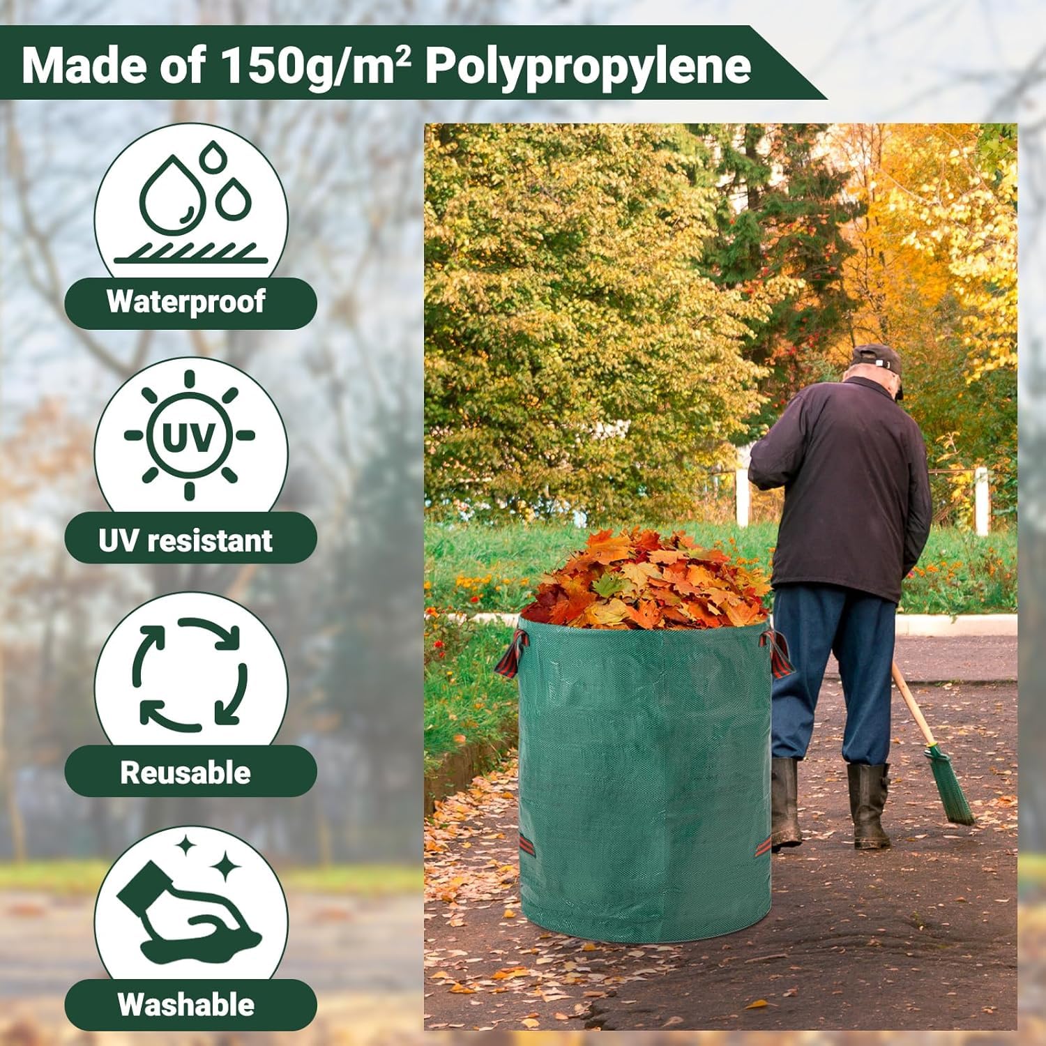 3x 300L Sacchi Giardinaggio Pieghevole, Polipropilene (PP), Robusto, Impermeabile, Antistrappo, Riutilizzabile PROFESSIONAL Borsa da Giardino con manici, resistenti autoportanti, per foglie, campeggio