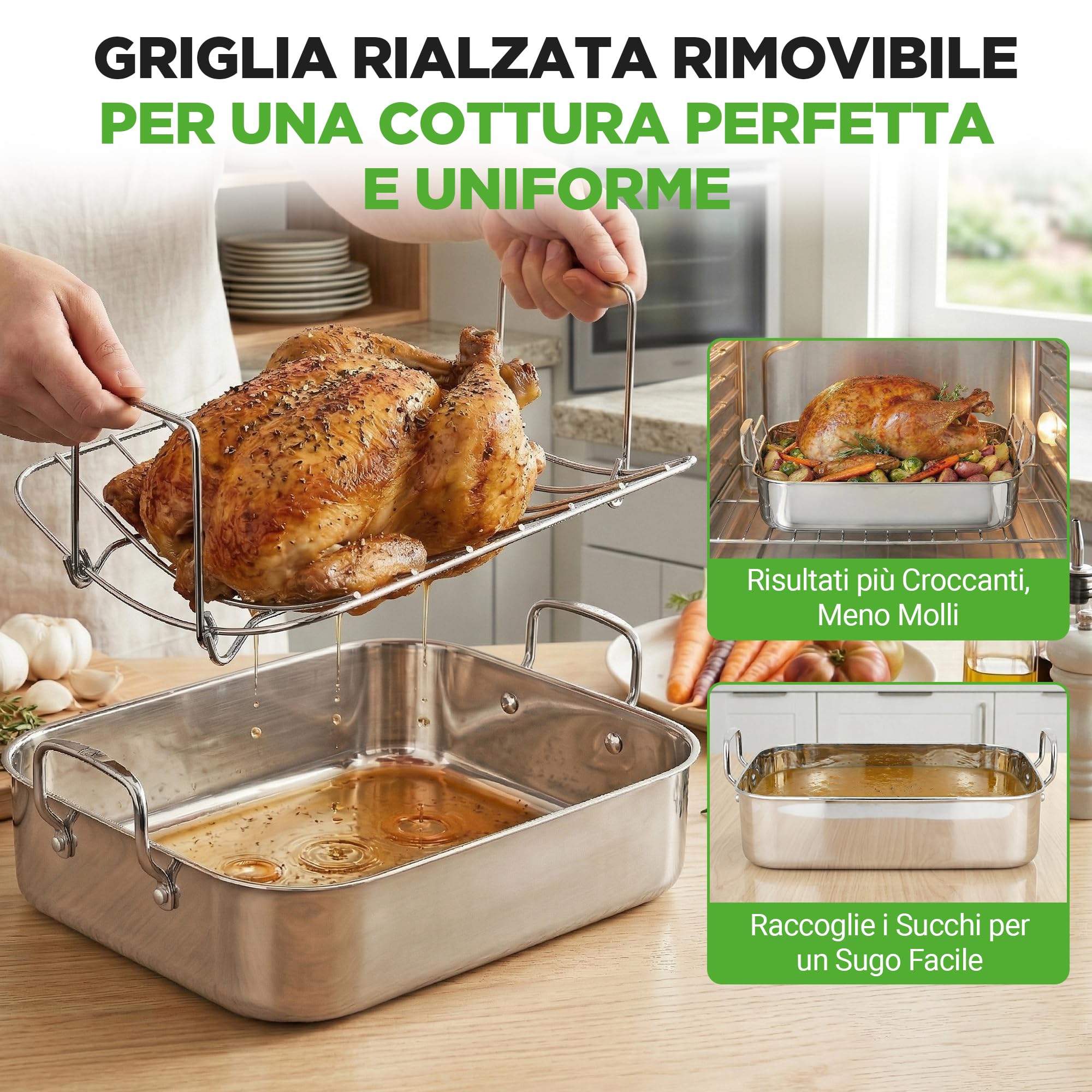 NutriChef Teglia Forno e Teglia Forno Rettangolare con Griglia Lucidata, Manici Larghi e Coperchio in Acciaio Inox, Ideale per Arrosti, Cene di Ringraziamento e Piatti Profondi
