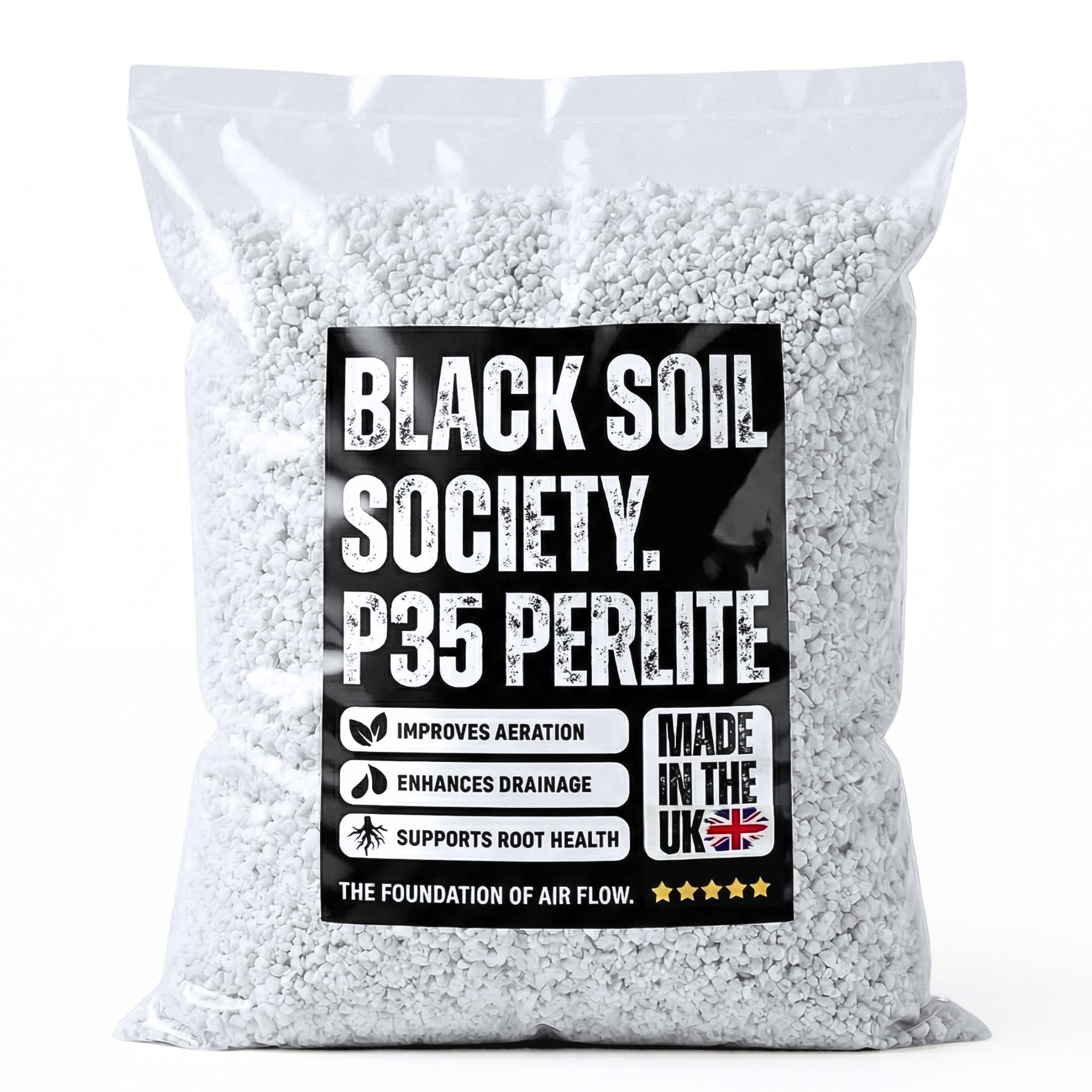 BLACK SOIL SOCIETY | P35 Coarse Perlite – High-Porosity Mineral Grit – Structural Aeration for Monstera & Orchids – Anti-Compaction Substrate Amendment – Hand-Packed in the UK (30L)