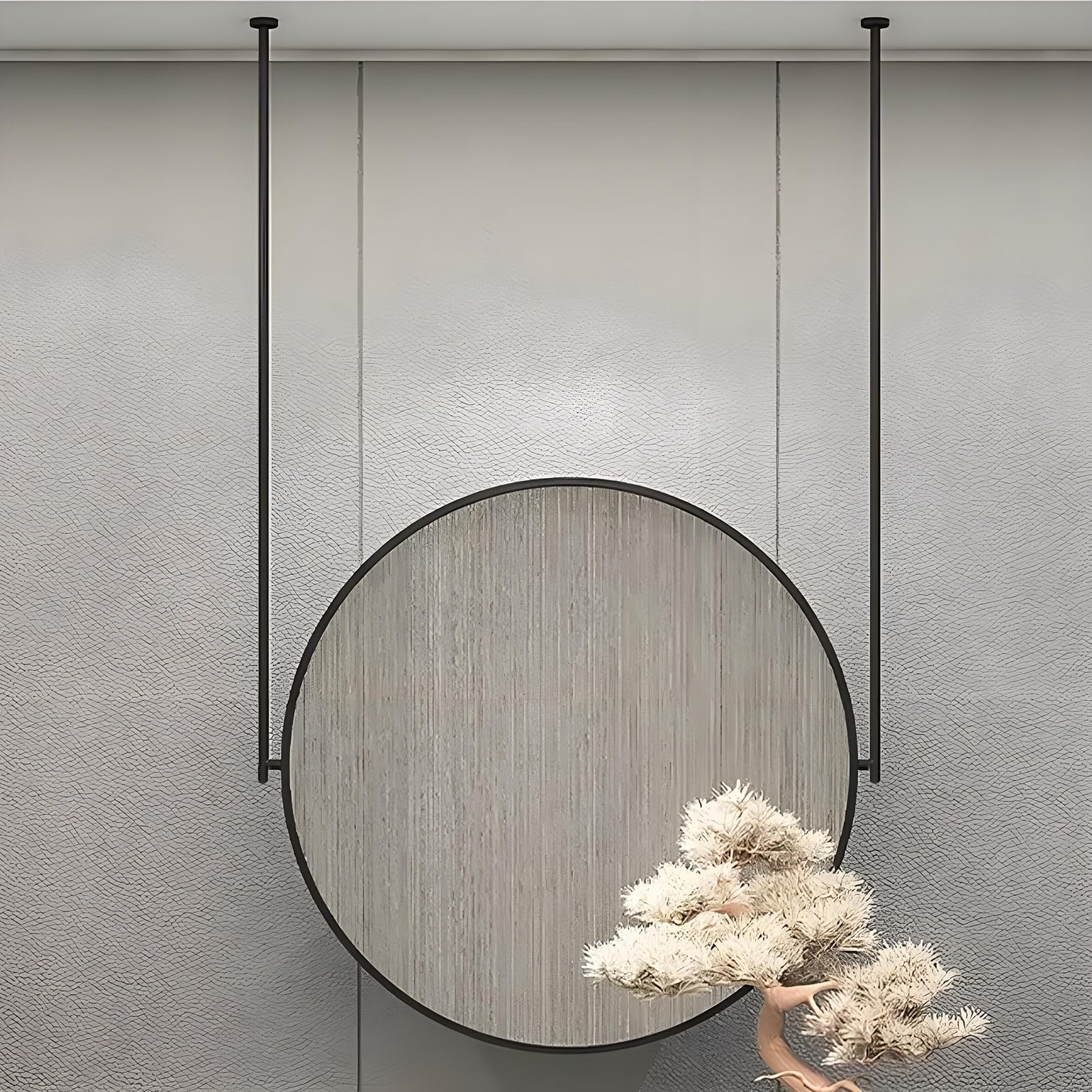 FGXHHS Black Circle Hanging Mirror, Large Floating Decorative Home or Hotel Bathroom Vanity Makeup Decor Vertical Ceiling Mount HD Mirrors(Diameter-60CM/23.6INCH)
