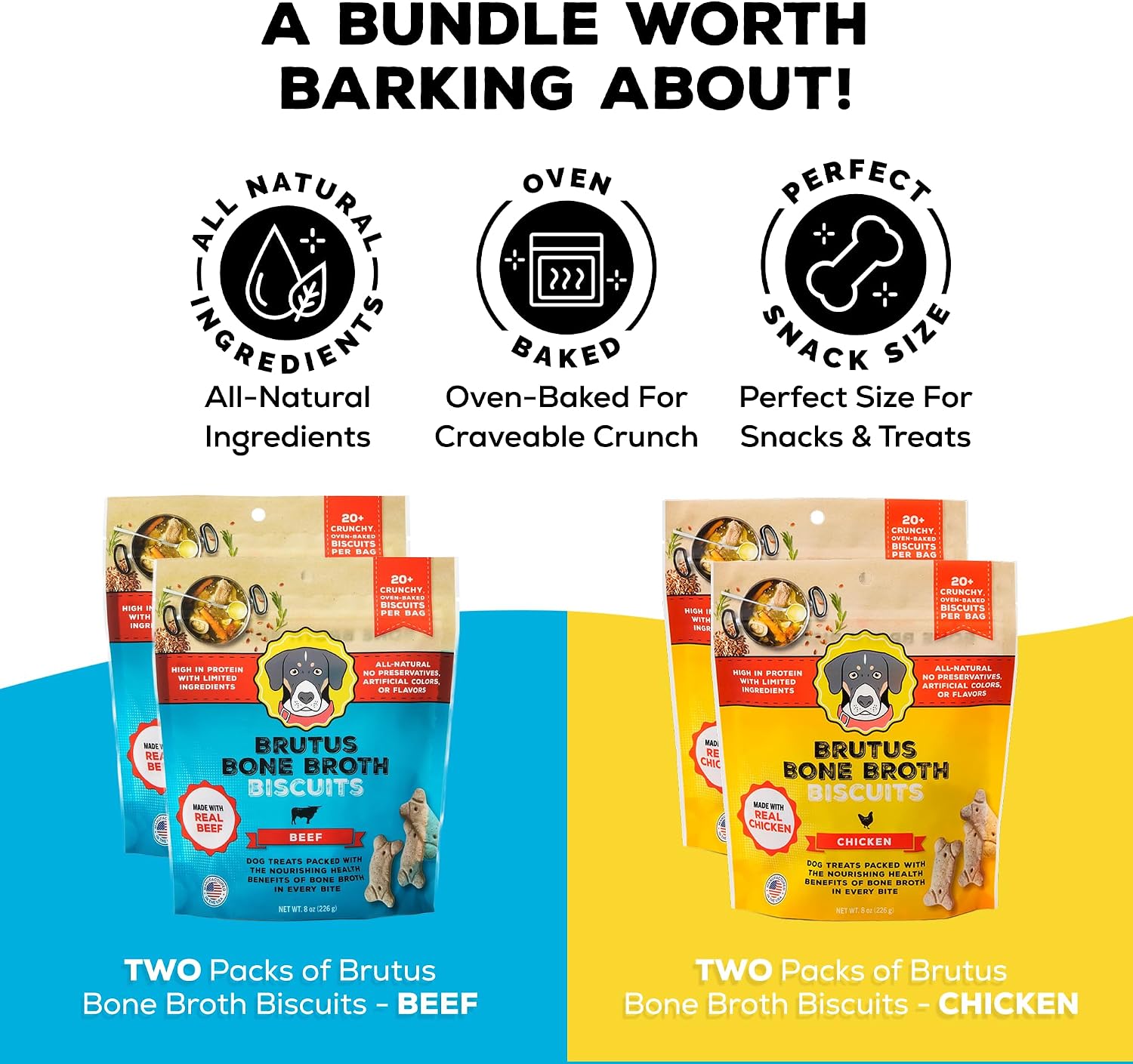 Brutus Bone Broth Biscuits Bundle Pack - Chicken and Beef Healthy Dog Treats, Pack of 4 (8oz) - All Natural, Tasty & Nutritious