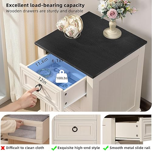 Miniatura 119 de Juego de 2 mesitas de noche estilo granja de 18" con estación de carga, cómoda con mesa auxiliar de 2 cajones para dormitorio, mesita de noche de