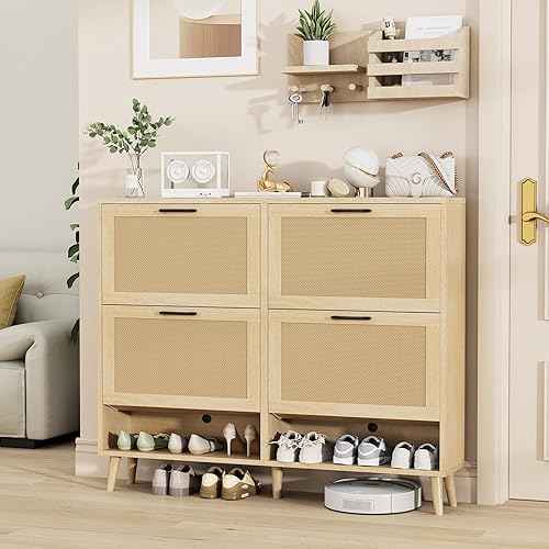 Vista 26 de Gadroad Armario de almacenamiento de zapatos con 2 cajones abatibles, organizador de zapatos oculto independiente con patas de madera, zapatero