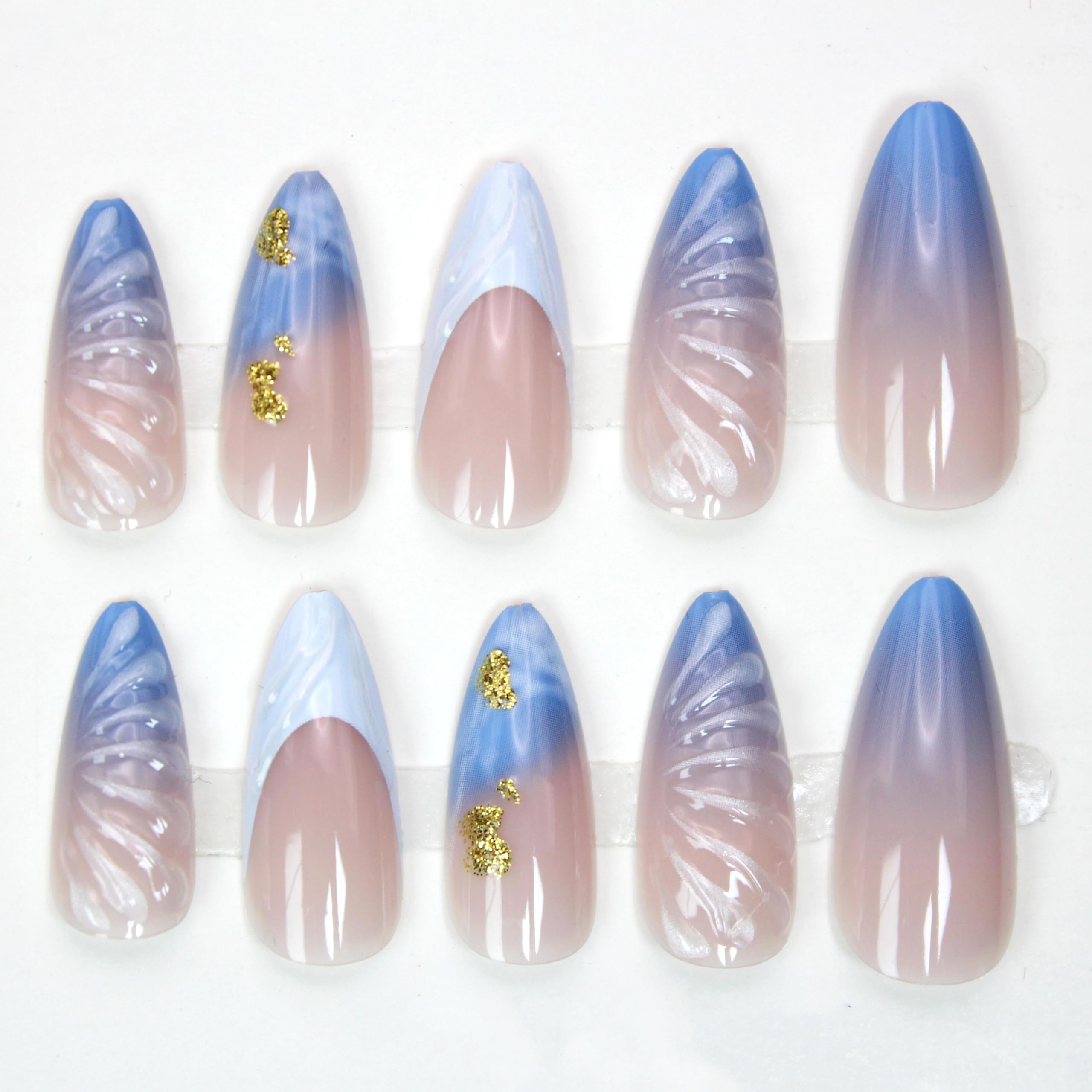 24Pcs Blue Ombre Press on Nails Medium Almond Glitter Fake Nails with Gold Foil 3D Stripe Designs Blue Gradient Full Cover Glue on Nails Summer