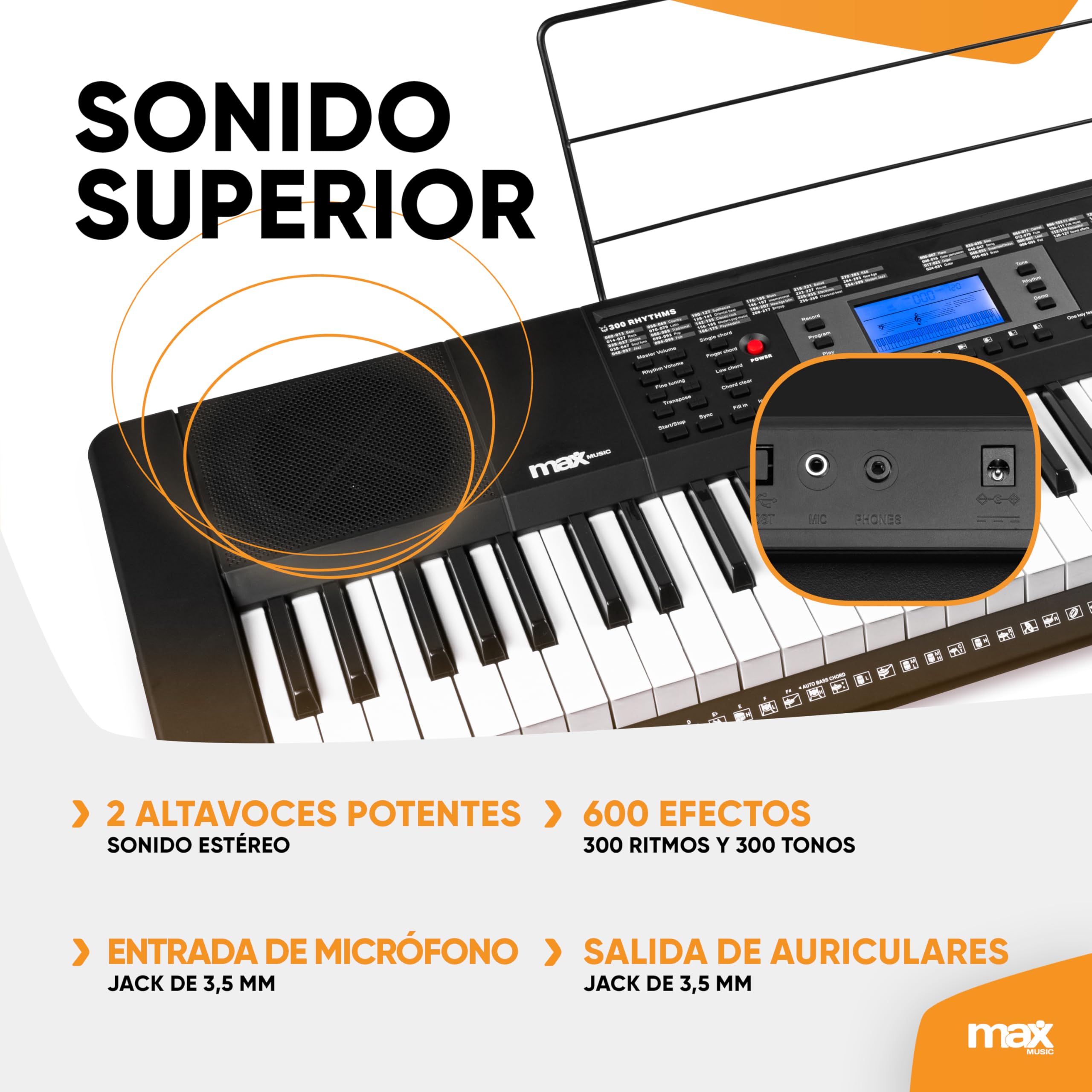 MAX Rhapsody61 Teclado Eléctrico con Auriculares - 61 Teclas, 300 Timbres, 300 Ritmos, 50 Canciones Demo, Enseñanza Inteligente de Música con Teclado, Teclado para Principiantes con Altavoces Duales