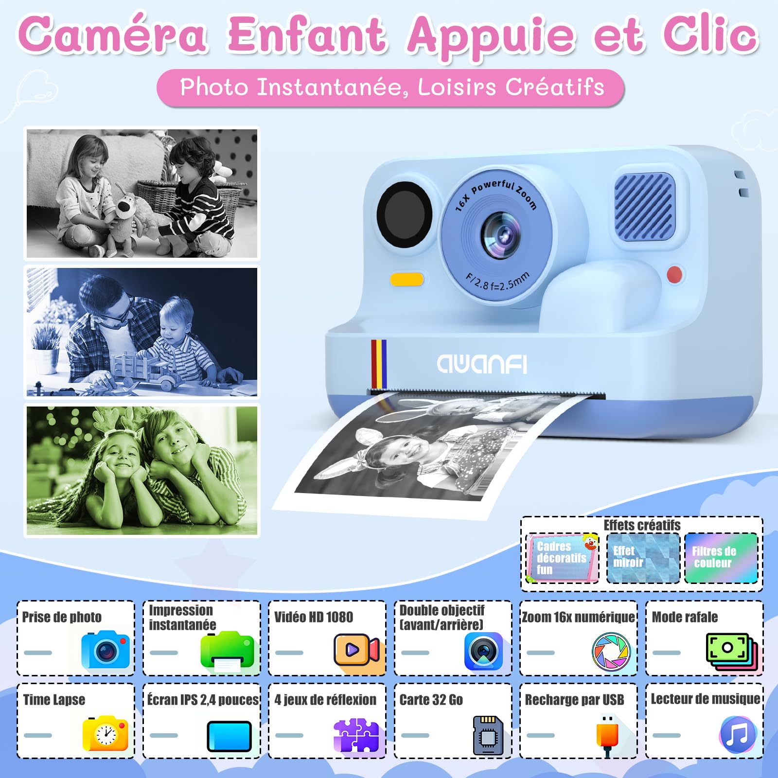 Appareil Photo Instantané Enfant Cadeau Jouet Fille Garçon 3-12 Ans, AWANFI Caméra Numérique Vidéo 1080P Carte 32GB avec 3 Rouleaux de Papier et Impression APP Bluetooth