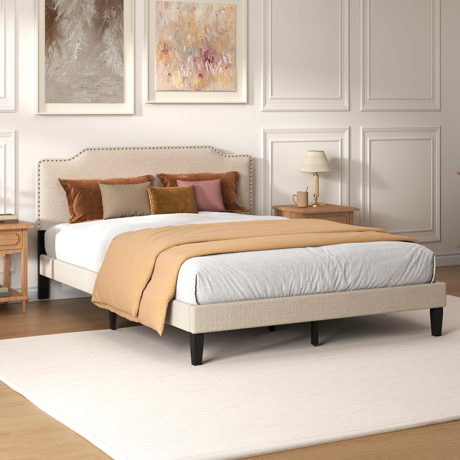 Queen Size Bed Frame with Adjustable Headboard Platform, 12 Thickened Legs, Fabric Upholstered Headboard, No Box Spring Needed, Noise-Free, Easy Assembly, Beige