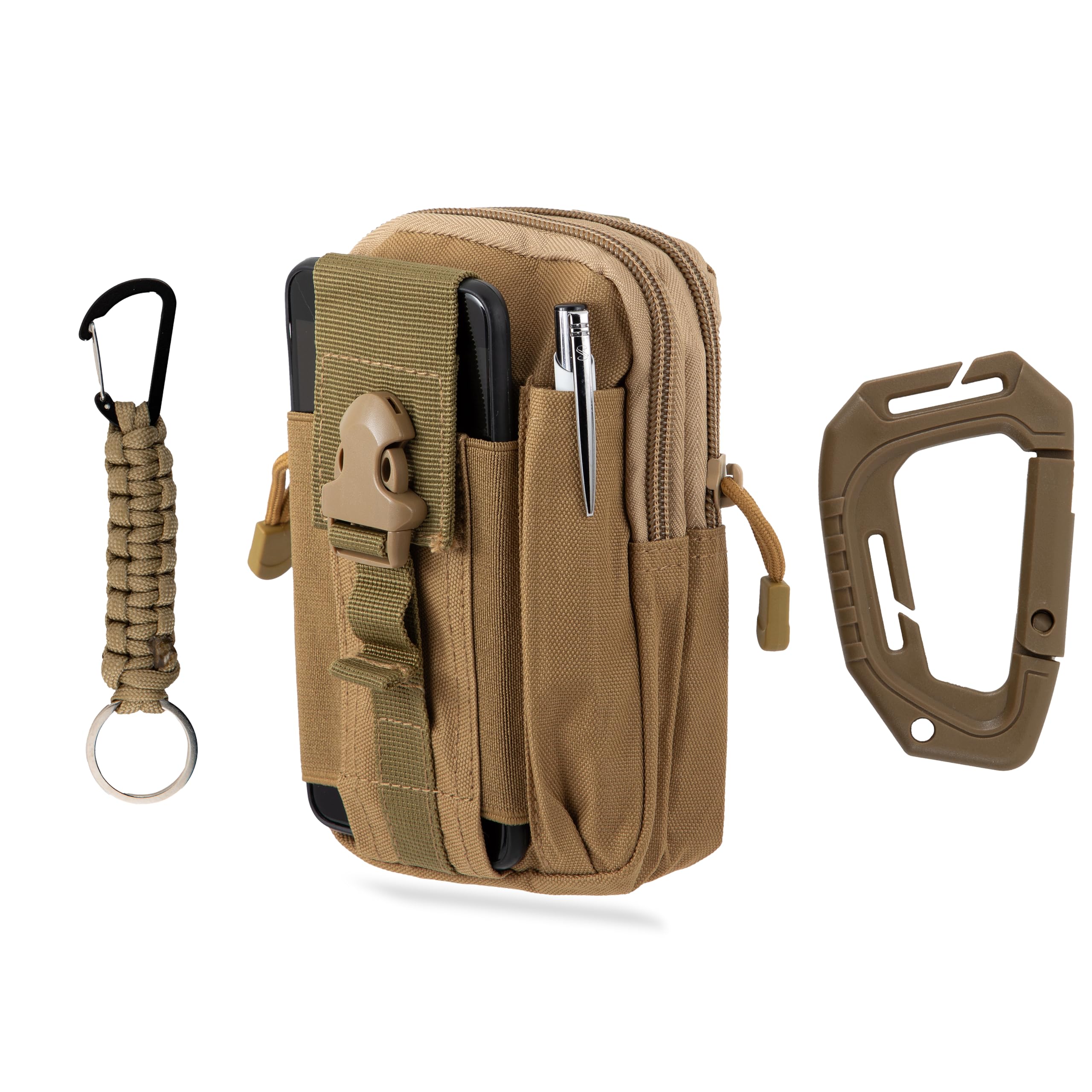 Tactical Waist Bags Universal Outdoor Waist Bag Molle Pouch Carabiner Keychain Utility Gadget Waist Bag with Cell Phone Holster for Sports, Hiking Camping Traveling (Khaki)