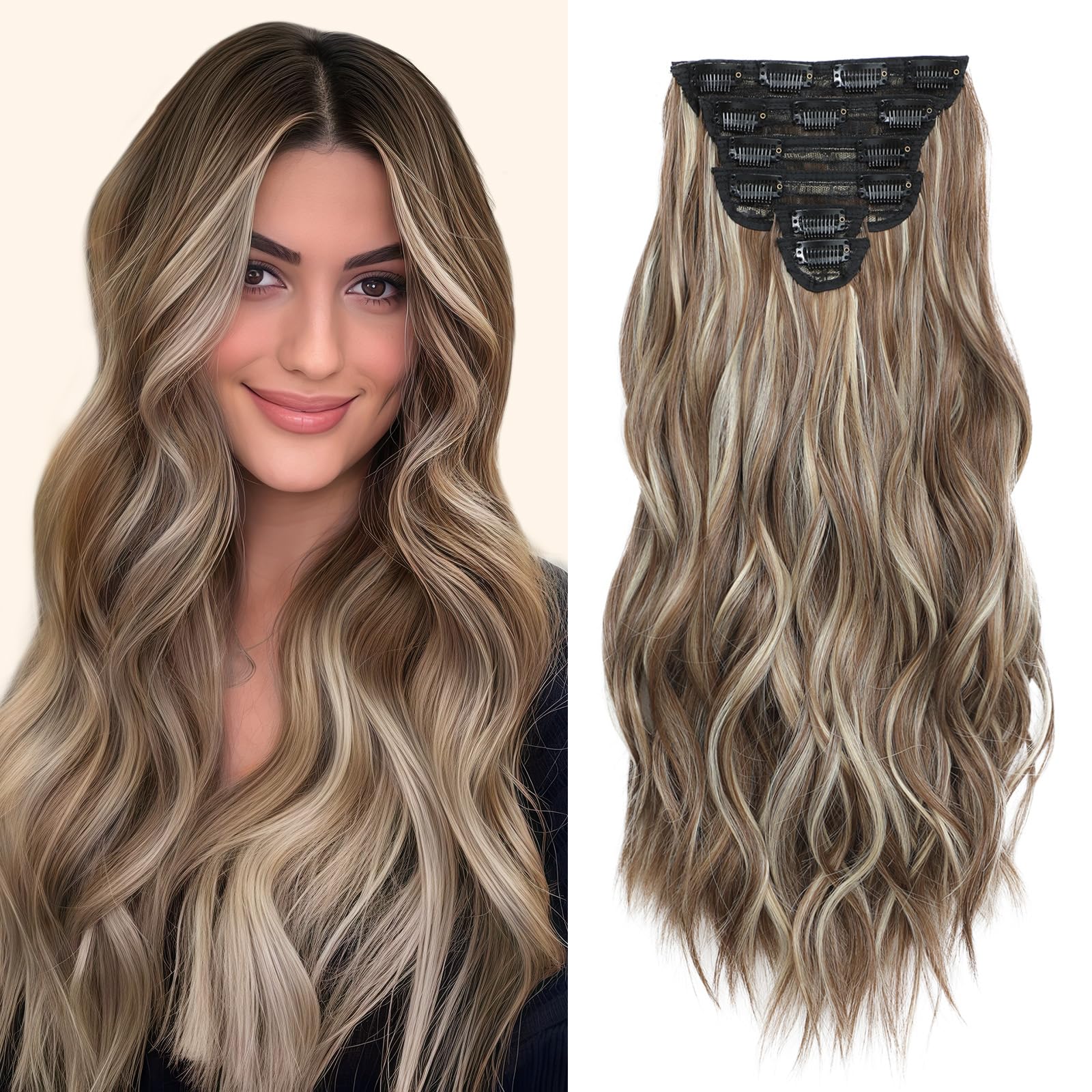 Clip in Hair Extensions for Women, Medium Brown with Ash Blonde, 20 Inch 6PCS Hairpieces Long Wavy Soft Thick Hair Extensions Clip ins