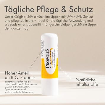 Original Propolis Lippenpflege Stift mit Sonnenschutz – Propolis Lippenbalsam mit Bienenwachs Vitamin-E Vitamin-C Rizinusöl und Candelillawachs