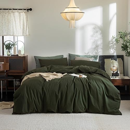 FOSSA Duvet Cover Set 100% Washed Cotton Linen Feel Super Soft Breathable Cozy 3 Pieces Bedding Sets Solid Olive Green Queen - Olive Green (No Comforter) - Queen (90" × 90")