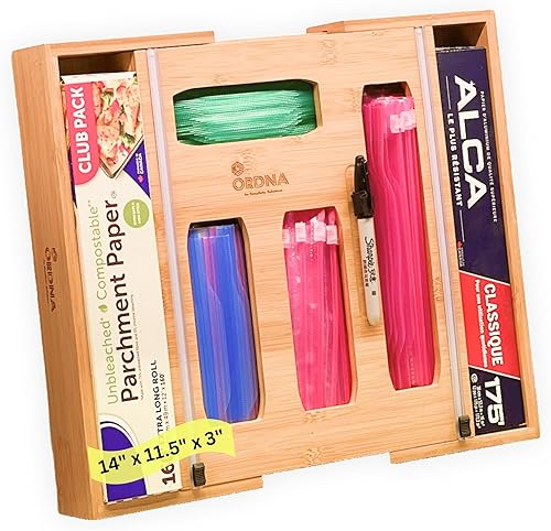 Organizador de bolsas de bambú 6 en 1 para cajón, organizador de bolsa de almacenamiento, cajón de cocina para papel de aluminio, envoltura Saran,