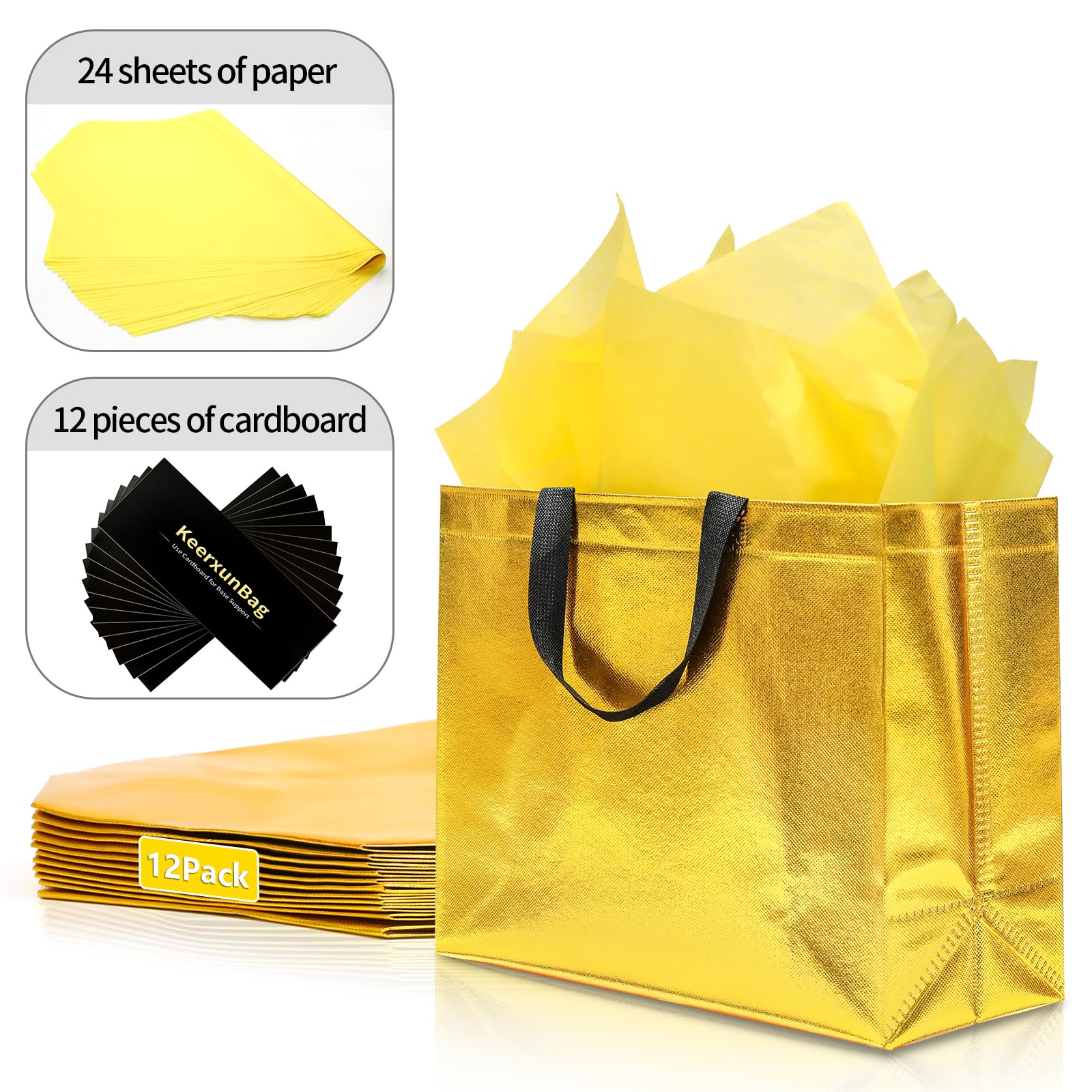 KeerxunBag 12Pcs Reusable Gift Bags（Includes Tissue Paper） Gift bag with handle Birthdays Parties Holidays Weddings Medium 13x5x11in Golden Yellow Gift Bags
