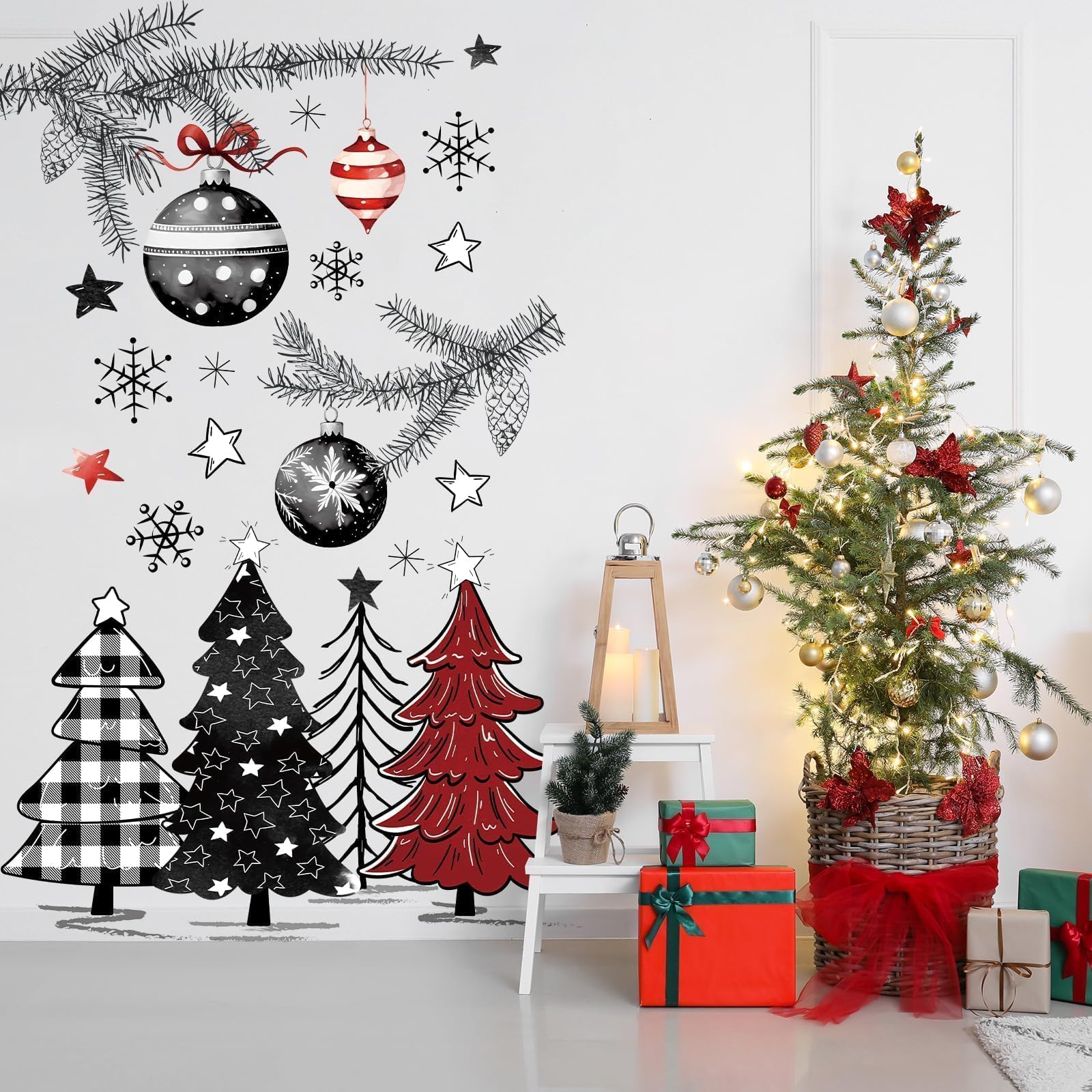 Frohe Weihnachten Türaufkleber Rot und Schwarz Büffel Plaid Weihnachtsbaum Schneeflocken Türaufkleber DIY Weihnachtsbaum Türaufkleber Wandbild Abziehbilder für Weihnachten Winter Home Tür Wand