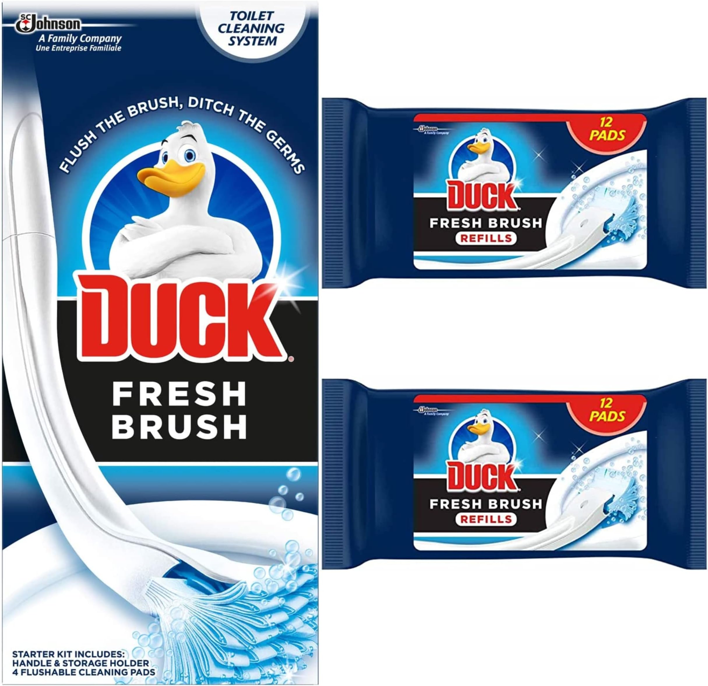 Toilet Cleaner Starter Kit Bundle Includes 1 Duck Fresh Brush With Holder and 24 Flushable Cleaning Duck Fresh Brush Refill Pads