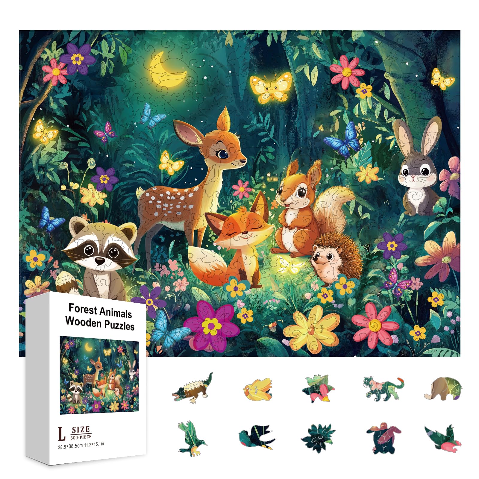 GLOBLELAND 300Pcs Night Forest Cartoon Animals Wooden Jigsaw Puzzles for Adults 11.22x15.16inch Colorful Cartoon Deer Fox Wood Puzzle for Holidays Birthday Gift