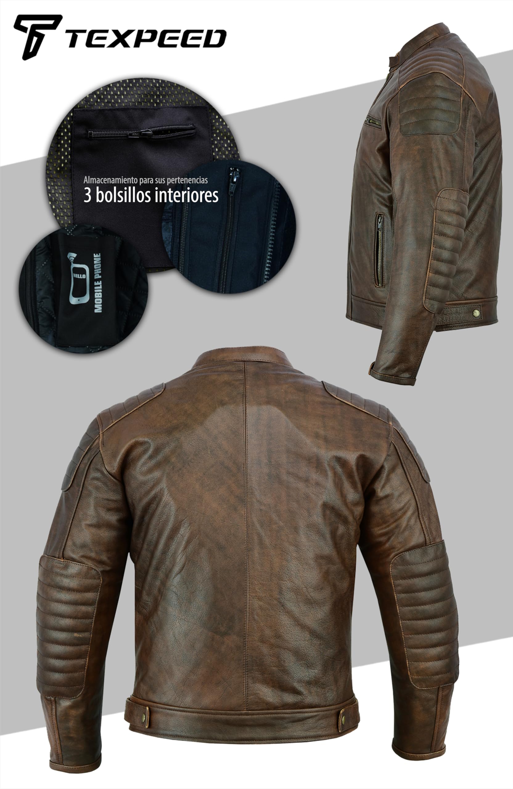 Texpeed Chaqueta de moto de cuero para hombre - Chaqueta de moto Touring con protección de armadura auténtica Biker CE (EN 1621-1) Diseño con costuras acolchadas - Marrón - M