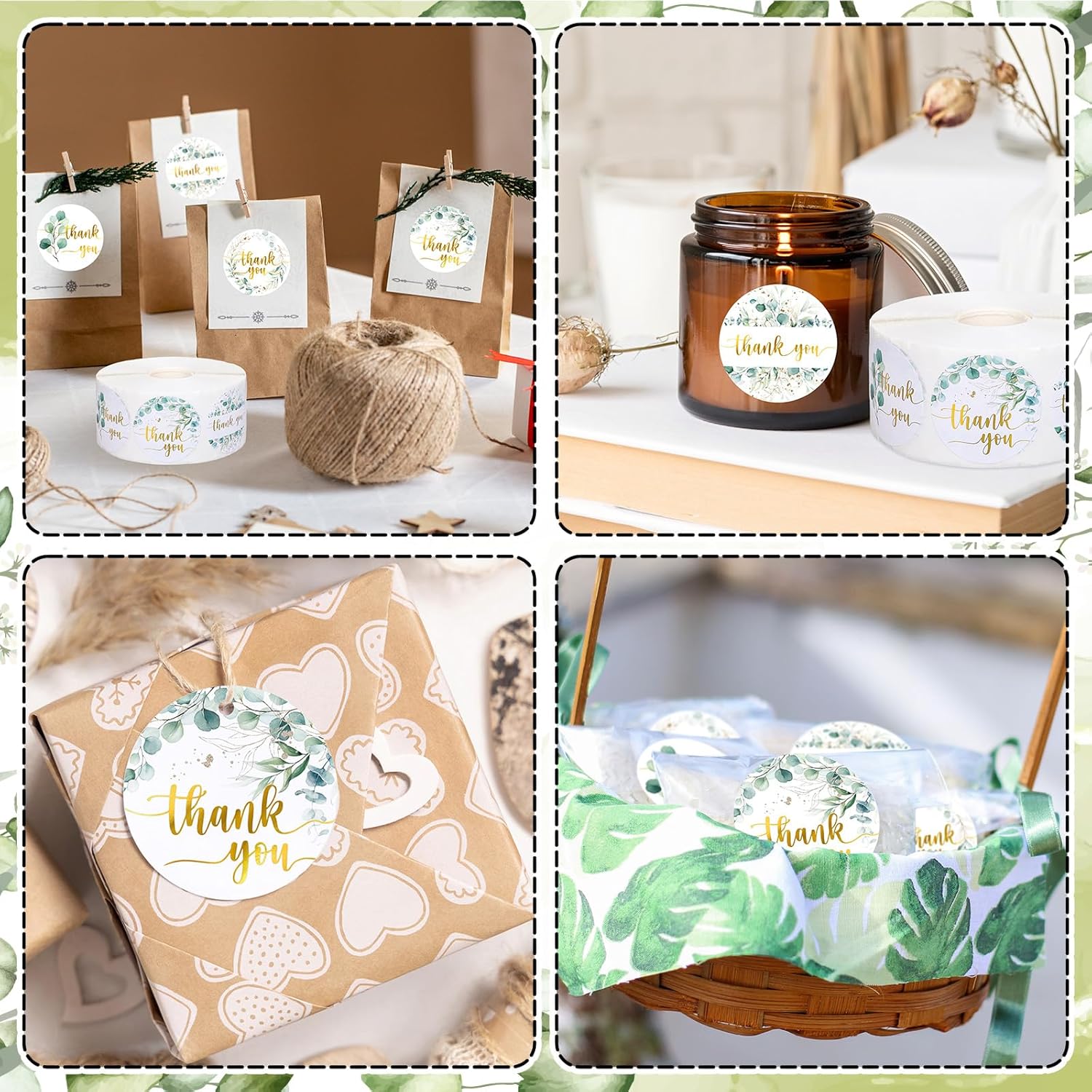 Whaline 1000 Pcs Greenery Thank You Stickers Roll Eucalyptus Gold Foil Thank You Seal Stickers Leaves Self-Adhesive Decals for Wedding Small Business Baby Shower Envelope Card, 4 Designs - Image 7