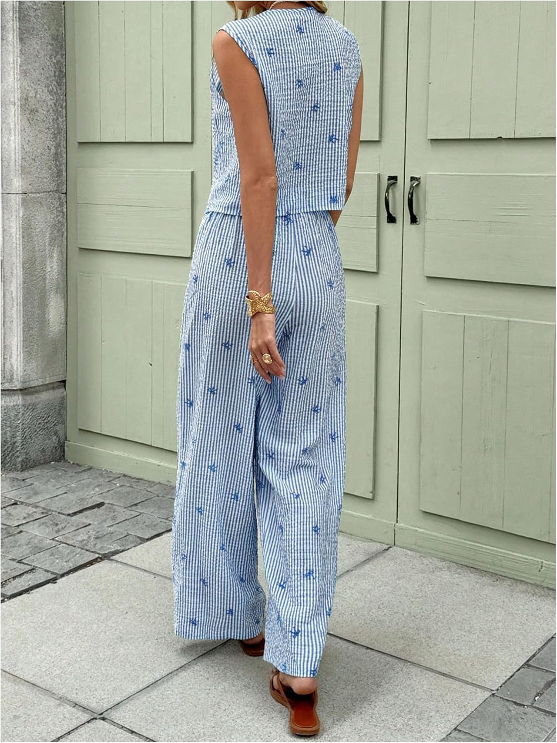 SweatyRocks Women's 2 Piece Outfits Striped Bow Print Button Down Vest Top and Pants Sets - Image 2