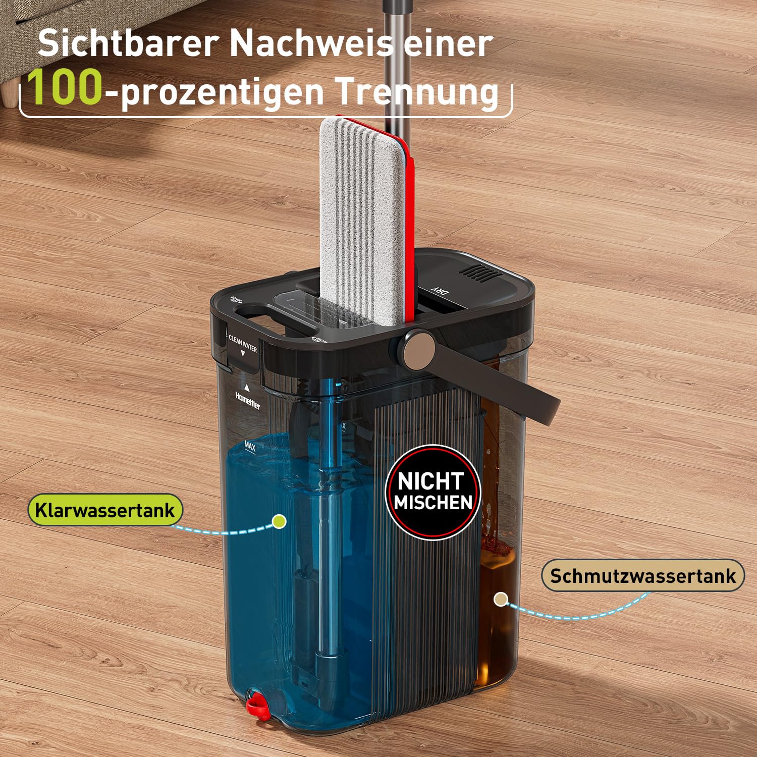 Homettler Transparentes Mopp- und Eimer-Set mit getrennten Behältern für Schmutz- und Sauberes Wasser, 165 cm Langer Flachmopp zur Bodenreinigung, 4 Mikrofaser-Pads für Holz und Fliesen
