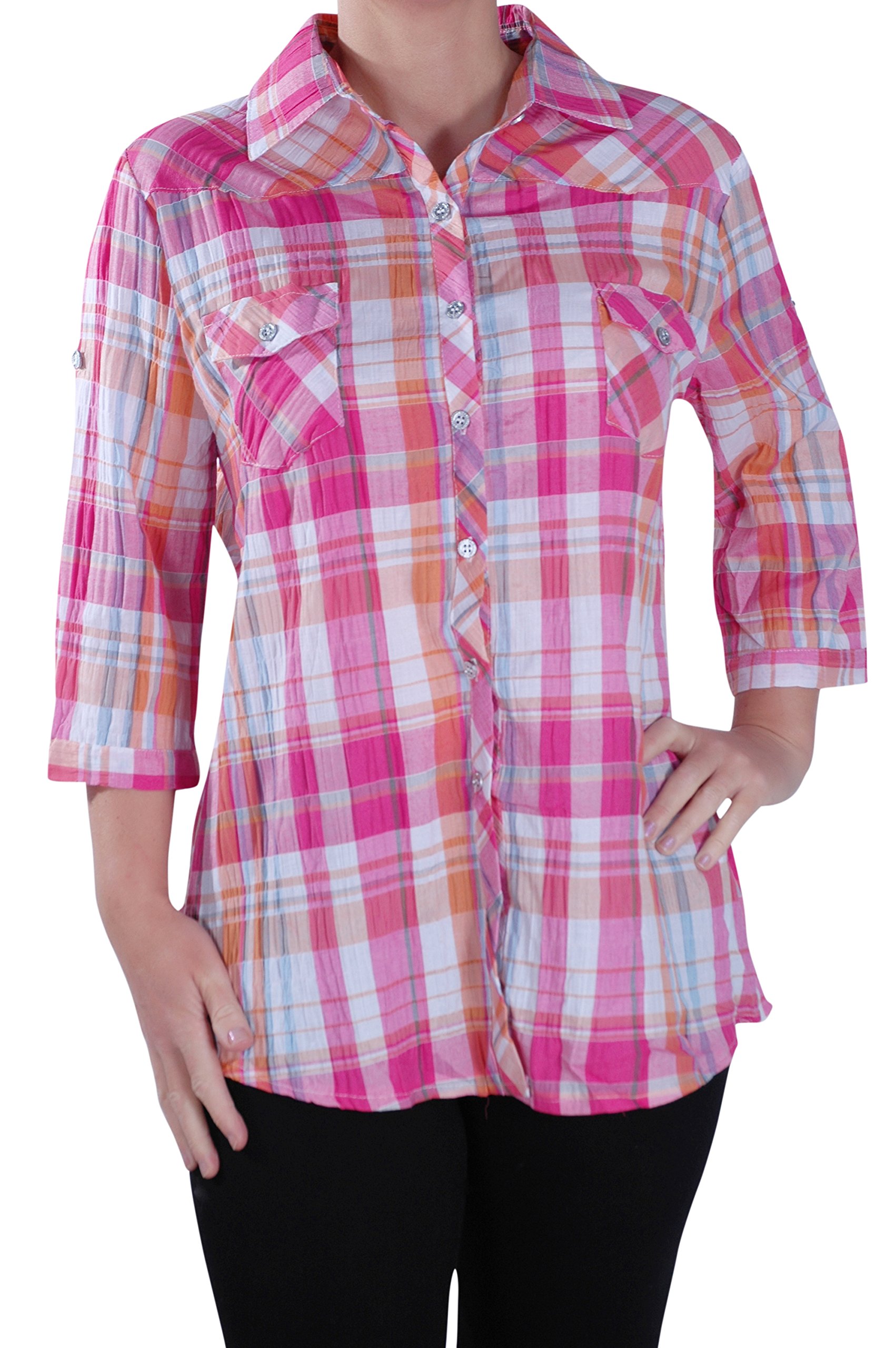 Eye Catch Women's Fushia Plus - Casual Checkered Blouse Check Shirt Top Pink