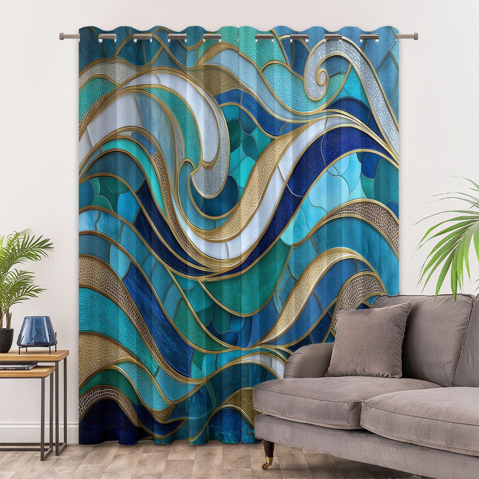 3D Effekt Mosaik Blickdichte Verdunkelungsvorhänge für Wohnzimmer H 245 x B 140 cm (2er Pack) - Buntes Glas Wellen Thermo Vorhänge Schlafzimmer Deko - Gardinen mit Ösen Cyan
