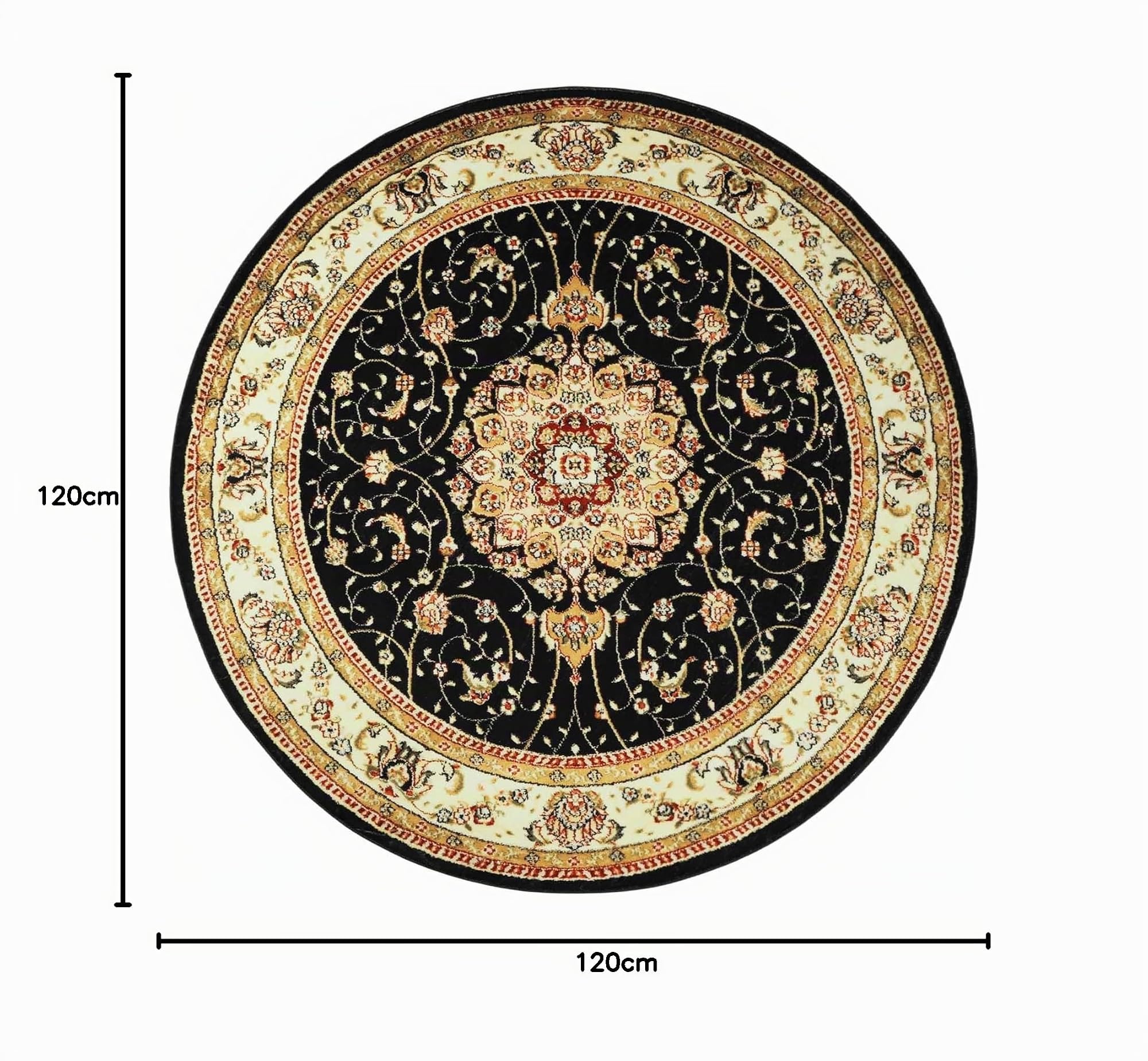 Betadistor Tapis rond mandala lavable en machine, 120cm / 4 ft, Bohème, Noir, 08120