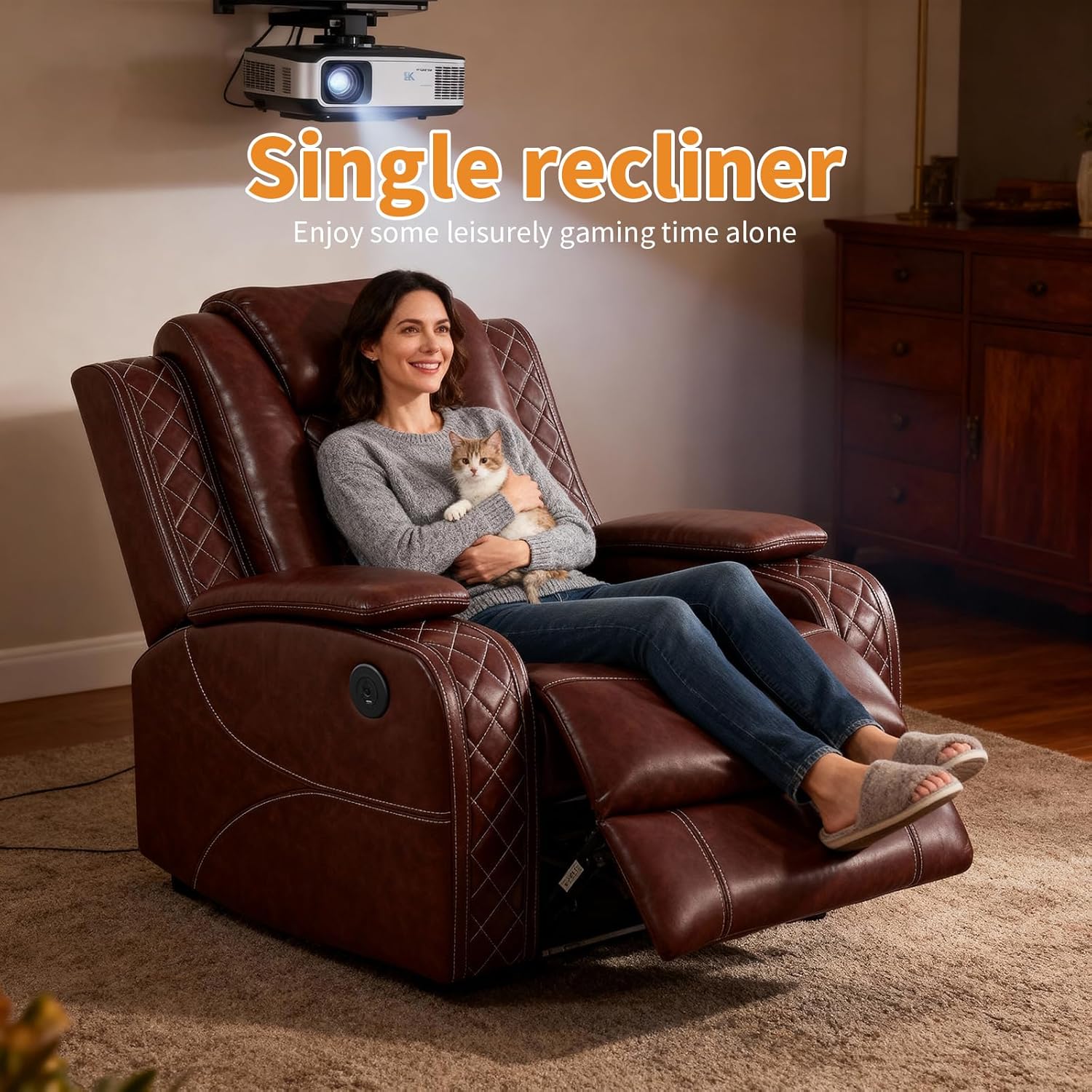 Recliner Single Sofa Power Reclining Movie Gaming RV Sofa, Home Theater Seating with LED Lights,USB Ports，Leather Brown