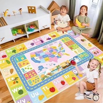 Kids Educational Rug, ABC Carpet, Kids Carpet for Playroom, Classroom Play Mat for Learning Alphabet, Numbers, Colors, Season and Vegetable Words Pink, 4 x 6