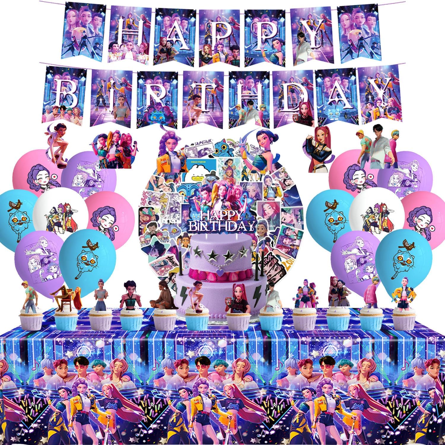 109pcs Kpop Demon Hunters Party Supplies Birthday Decorations Set Include Banner, Balloons, Stickers, Hanging Swirls, Cake Cupcake Toppers, Tablecloth for Boys Girls Demon Hunters Theme Party (Pink)