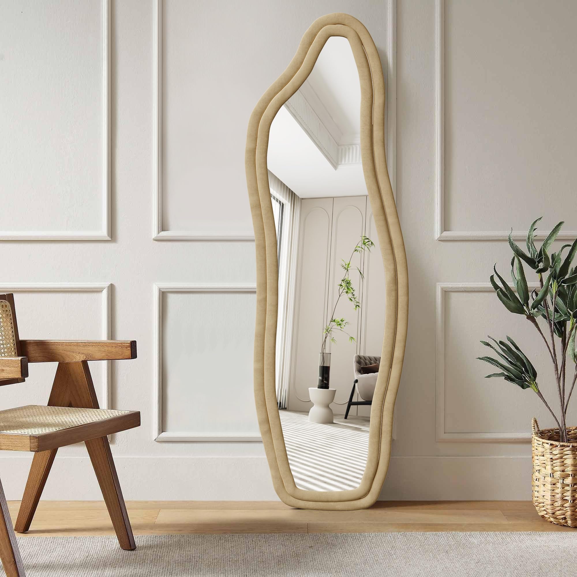 Ganzkörperspiegel, Asymmetrischer Gewölbter Bodenspiegel Groß, standspiegel aus Flanellumwickeltem Holzrahmen, Bodenspiegel, für Schlafzimmer, Wohnzimmer, Garderobe, Gold