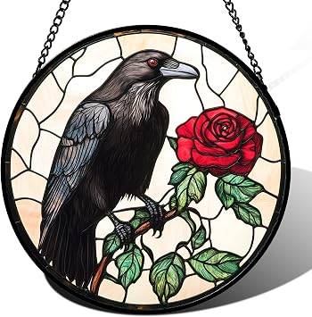 Raven Red Rose Stained Glass Window Hanging Suncatcher Gifts for Women 6.3"