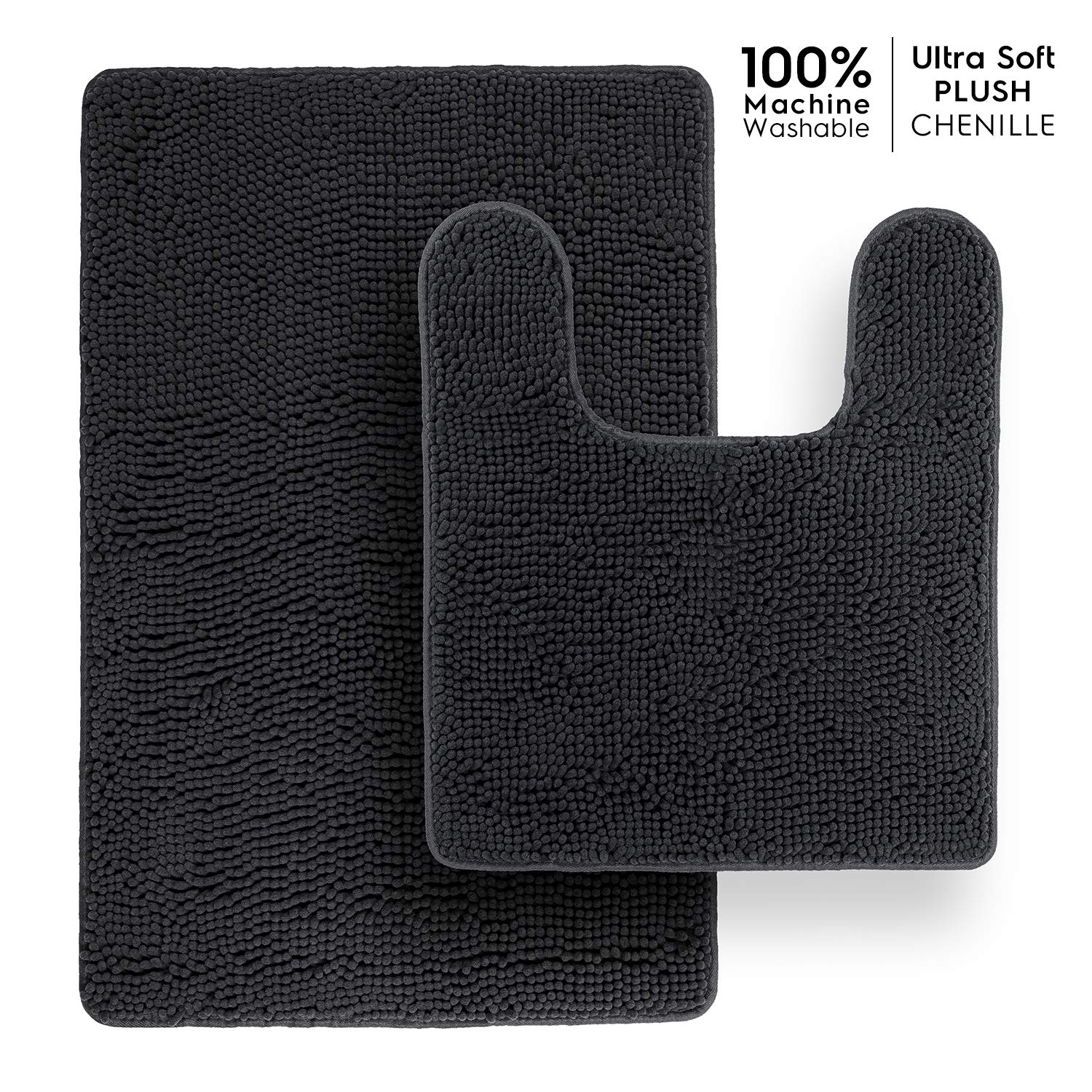 TAFTS Bathroom Rugs and Mats Sets, Chenille Microfiber, Ultra Soft Luxury, Absorbent Non-Slip Machine Washable Bath Rugs, Bath Mats for Bathroom, Shower Mat & Tub, Midnight Black