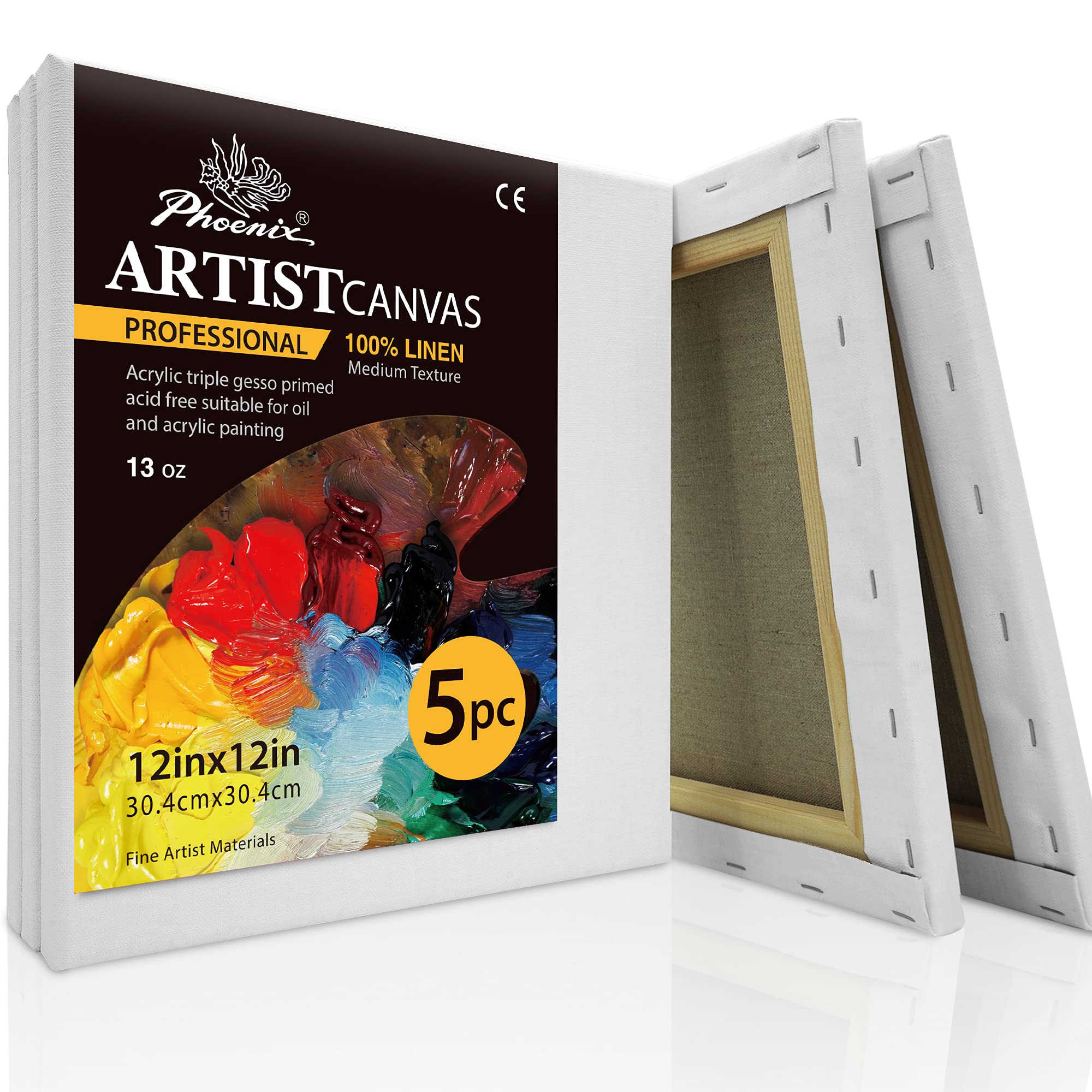 PHOENIX Linen Stretched Canvas for Painting - 12x12 Inch / 5 Pack - 13 Oz Primed 3/4 Inch Profile of Artists Professional Canvas for Oil & Acrylic Paint