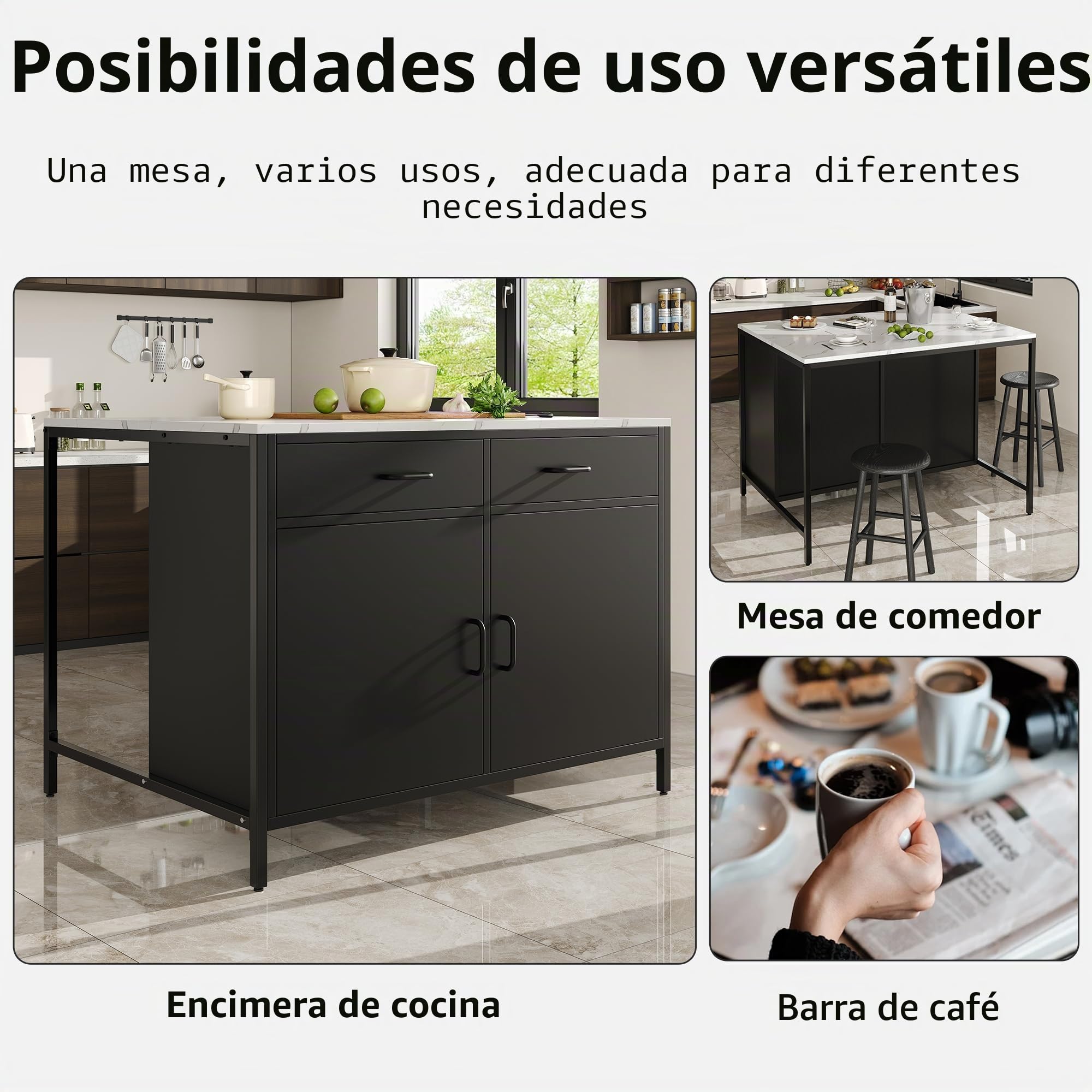 Isla de cocina, armario de cocina con 2 cajones, mesa de desayuno, bar, isla de cocina con estantes, isla de cocina, isla de cocina con encimeras de mármol, 100 x 90 x 90 cm, patas ajustables