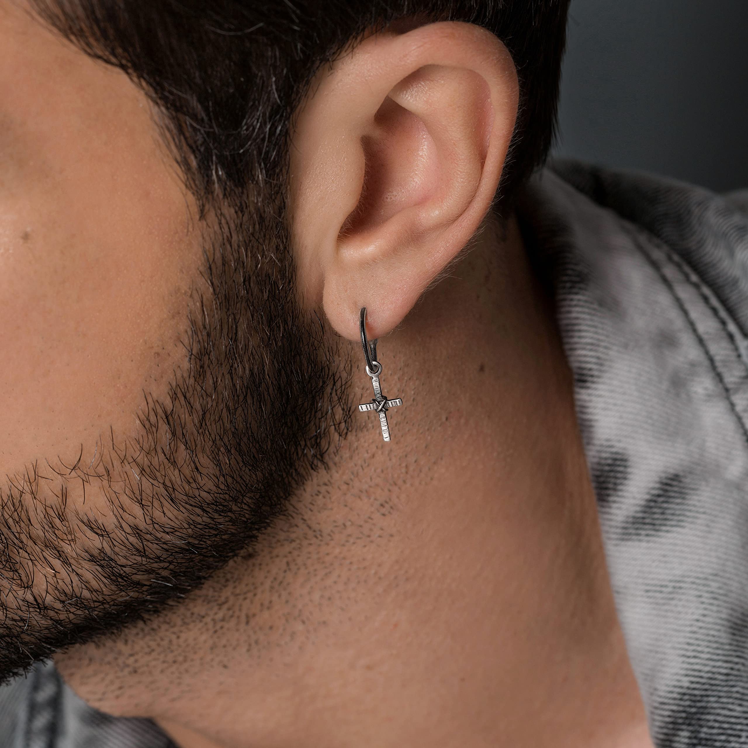 Handmade geschenk für ihn Sterling Silber Huggie Creolen Kreuz Ohrring, für Männer Creolen mit Charme Männer Ohrring Creolen Männer Kreuz Ohrringe Männer Schmuck baumeln