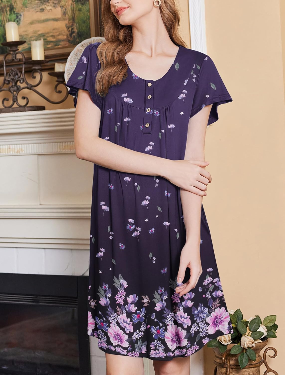 Ekouaer Nightgowns for Women Short Sleeve House Dress with Pockets Floral Print Mumu Dress - Image 3