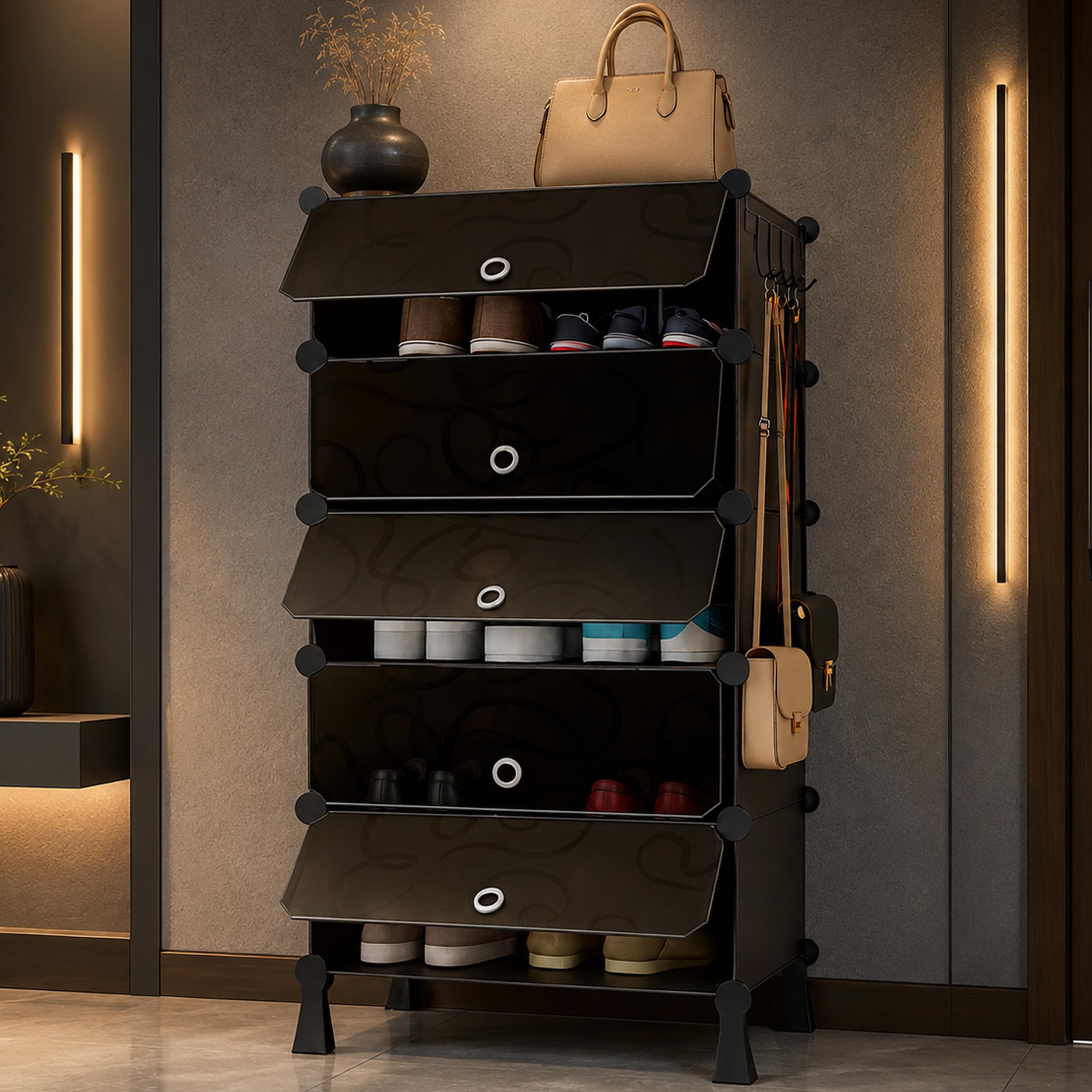 AYSIS Premium Foldable Plastic Shoe Rack for Home, 𝟓 𝐃𝐨𝐨𝐫 𝟓 𝐒𝐡𝐞𝐥𝐟, Magnets, 5 Hook Steel Holder, Shoe Organizer, Portable Space Saving Storage for Entryway, Bedroom & Living Room, Black