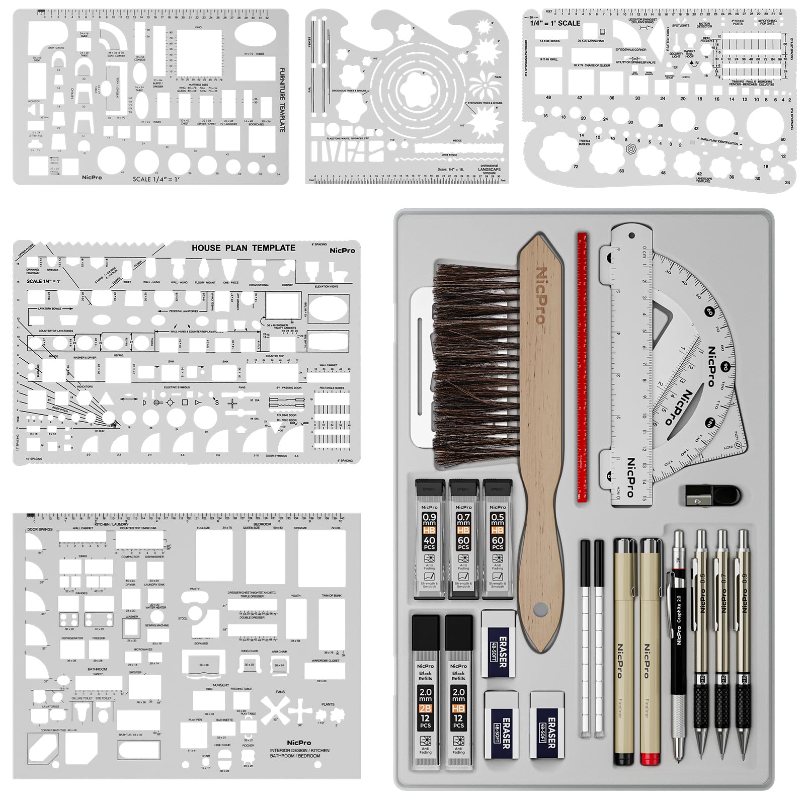 Nicpro 30PCS Professional Drafting Tools & Geometry Set with Case, Architect Protractor Set, Metal Mechanical Pencils, Pen, Scale Ruler Metal Ruler, 5