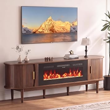 Decofy 70 Fluted Fireplace TV Stand for 80 TVs, Entertainment Center with Fluted Sliding Tambour Doors & Adjustable Shelves, Modern Media TV Console Table for Living RoomWalnut
