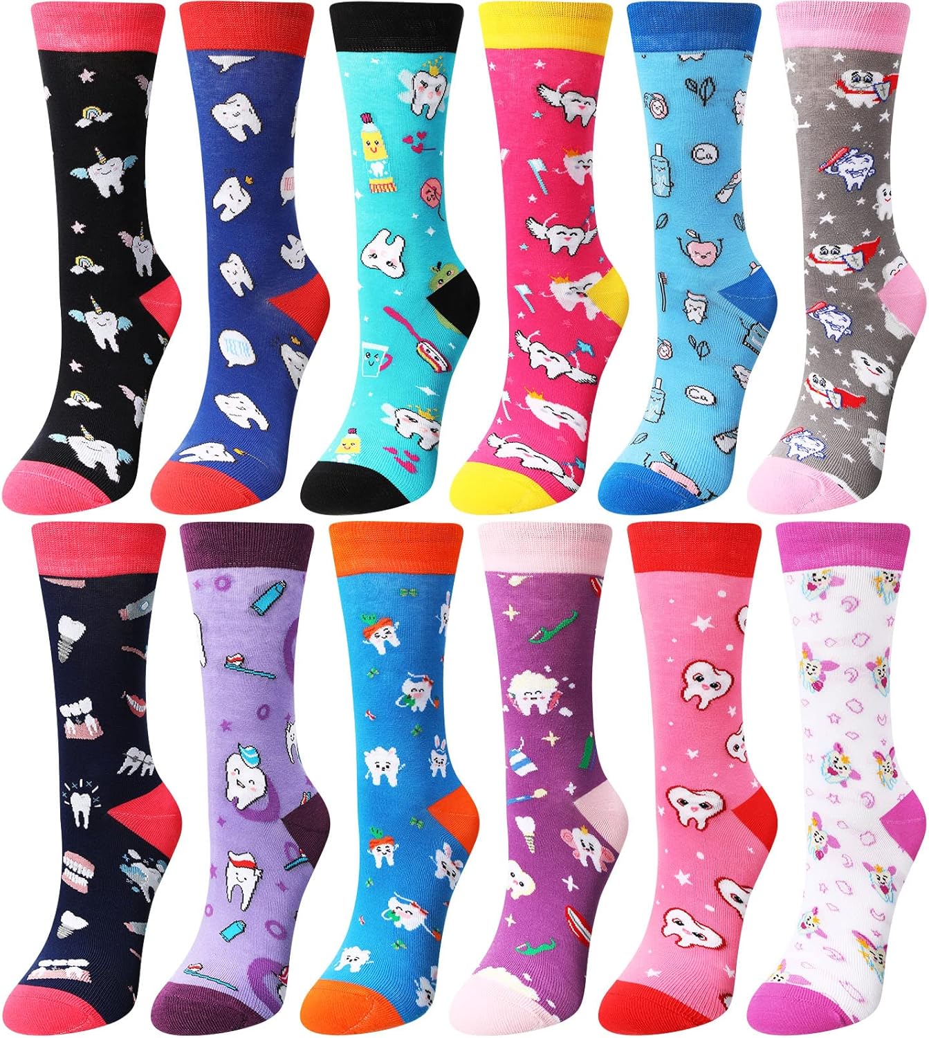 Wesiti 12 Pairs Funny Dental Teeth Socks Novelty Crew Socks for Men Women Dental Assistant Nurse Winter Christmas Stocking Stuffers Gifts Teeth Pattern Crew Dentist Gifts