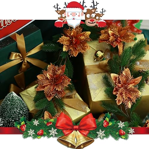 Vista 5 de GREENTIME 12 Pcs Glitter Poinsettia 5.5" Artificial Flowers Christmas with Clips Stems Xmas Tree Ornaments for New Year Party Stairs Fireplace Porch