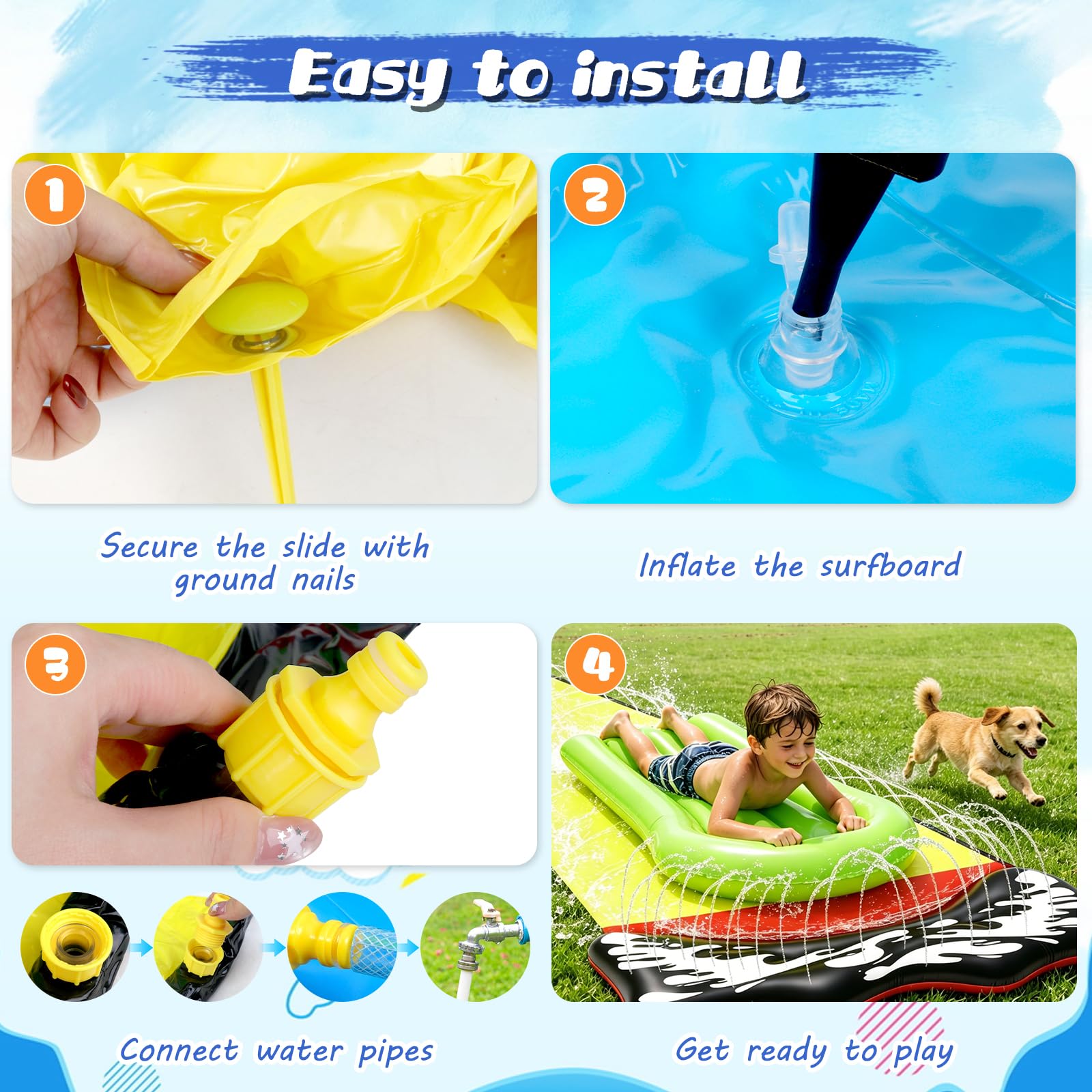 Wasserrutsche Garten für Kinder, 480 * 71cm Wasserrutschmatte mit 2 Bodyboards, Wasserrutsche Kinder Draußen, Sommer-Wasserspielzeug für Gärten Rasenflächen und den Außenbereich